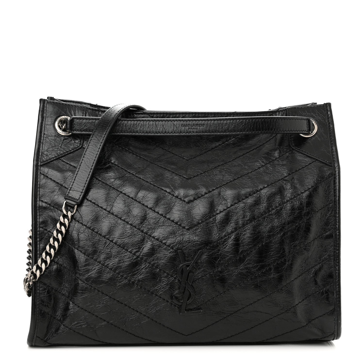 Crinkled Calfskin Matelasse Monogram Medium Niki Shopper Tote Black