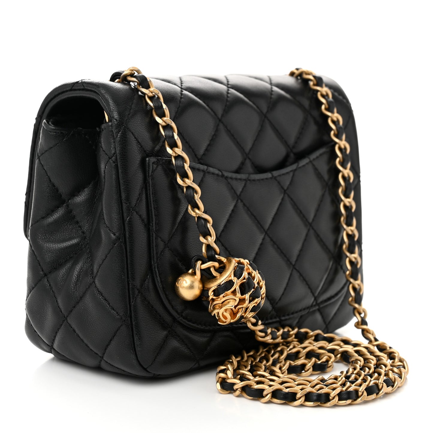 Lambskin Quilted Mini Pearl Crush Flap Black