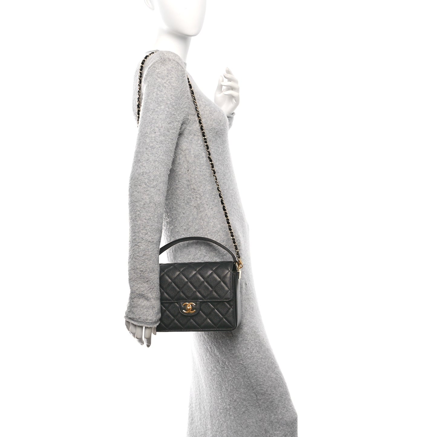 Shiny Caviar Quilted Small Top Handle Flap Black