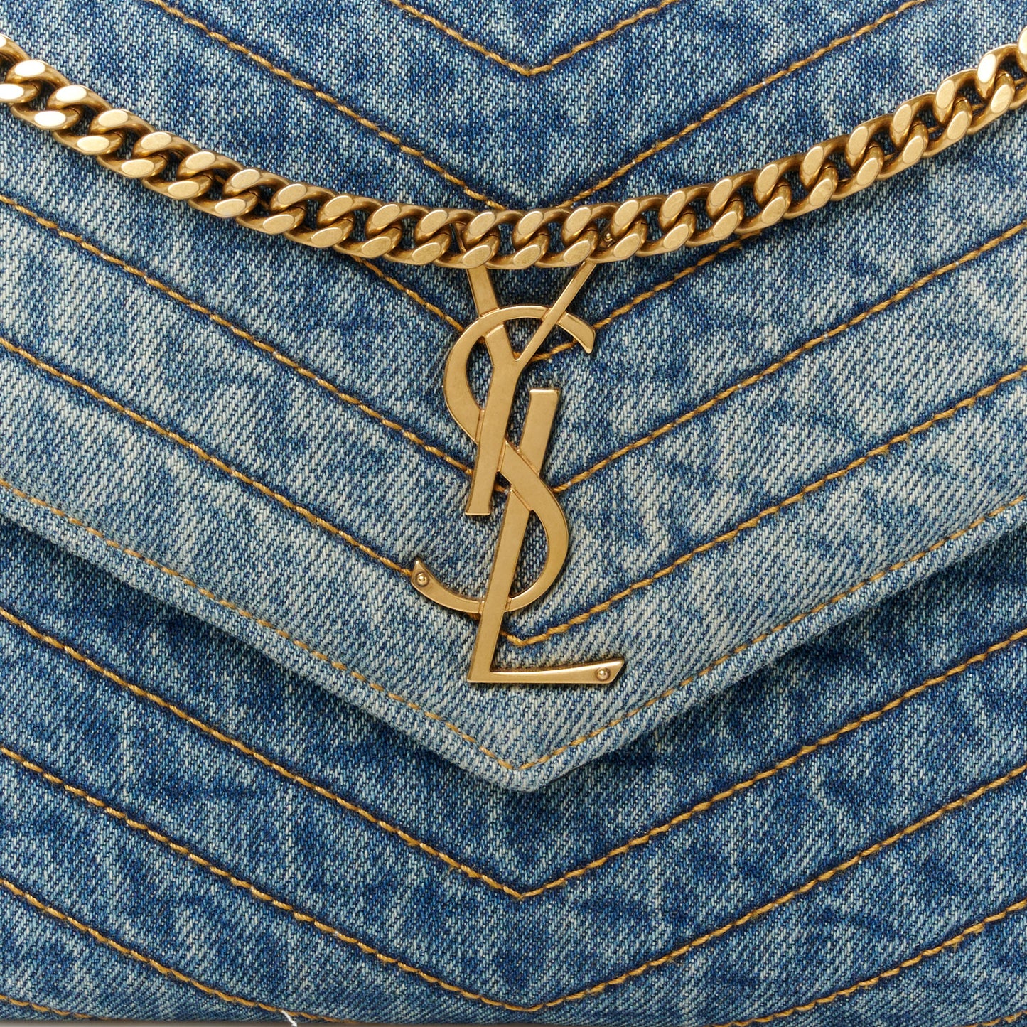 Denim Matelasse Chevron Monogram Chain Wallet Blue Jeans