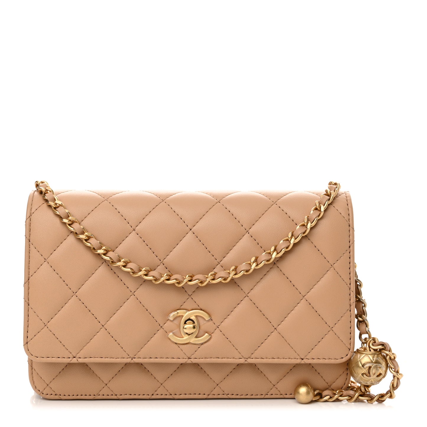 Lambskin Quilted CC Pearl Crush Wallet on Chain WOC Beige