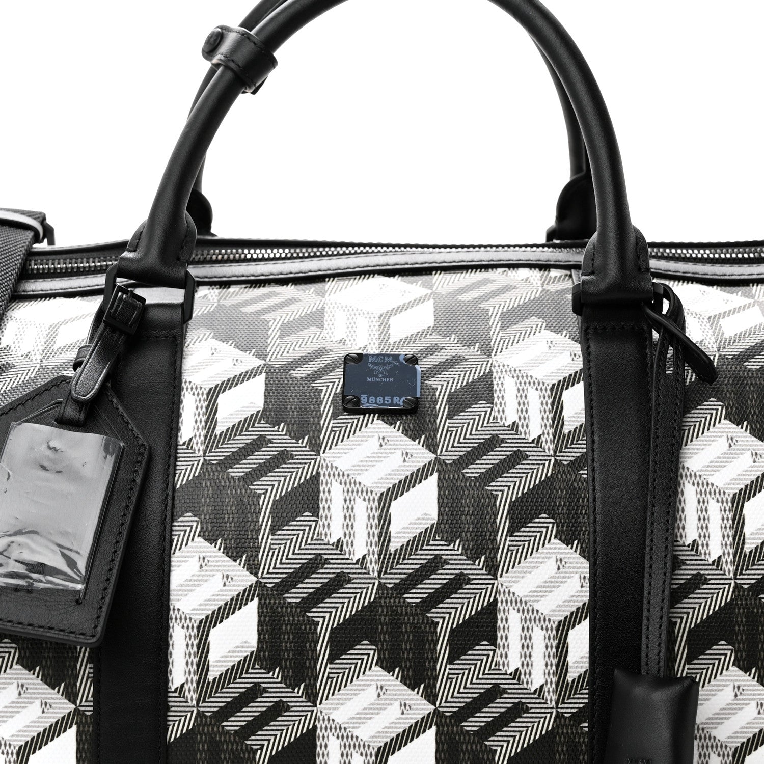 MCM Cubic Monogram Large Traveler Weekender Bag Black White 8 of 16