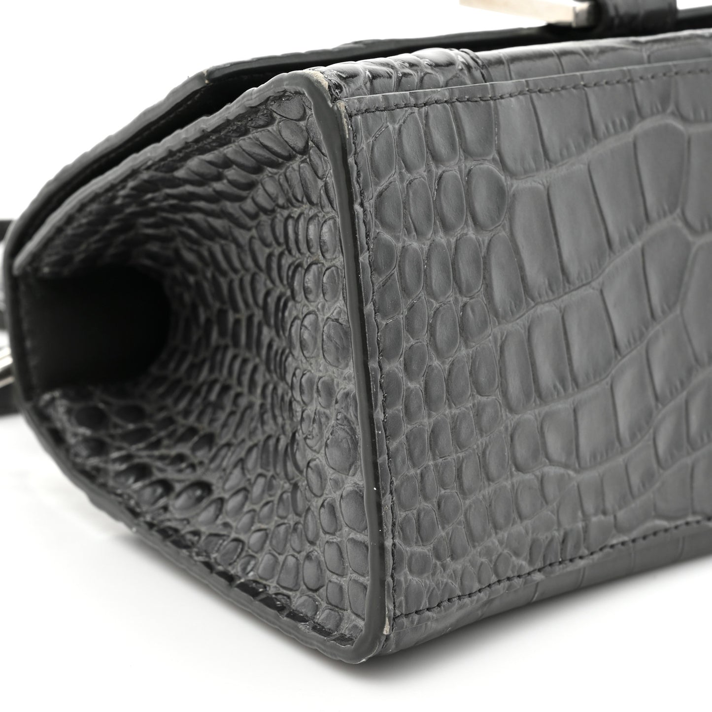 Shiny Calfskin Crocodile Embossed Small Hourglass Top Handle Bag Dark Grey