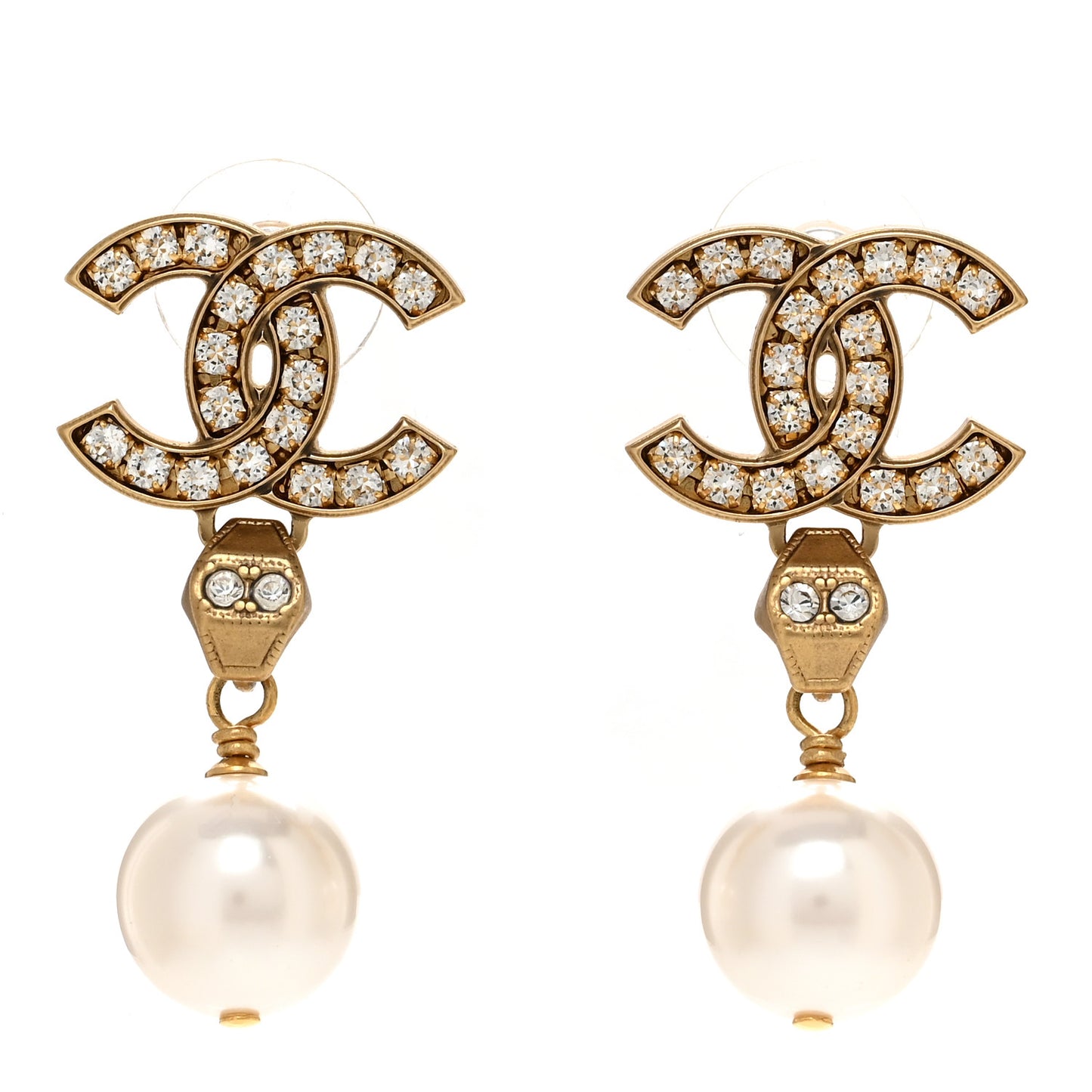 Pearl Crystal CC Drop Earrings Gold
