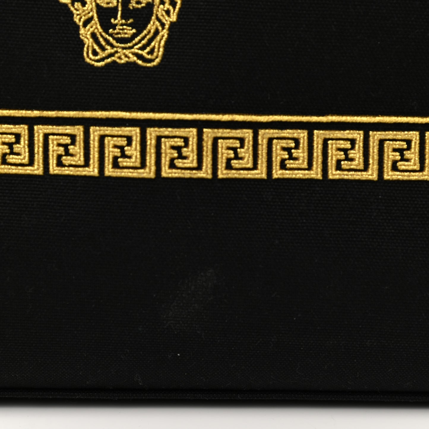 X VERSACE Cotton Canvas Cuoio Romano Fendace Logo Embroidered Signature Shopping Tote Black Gold