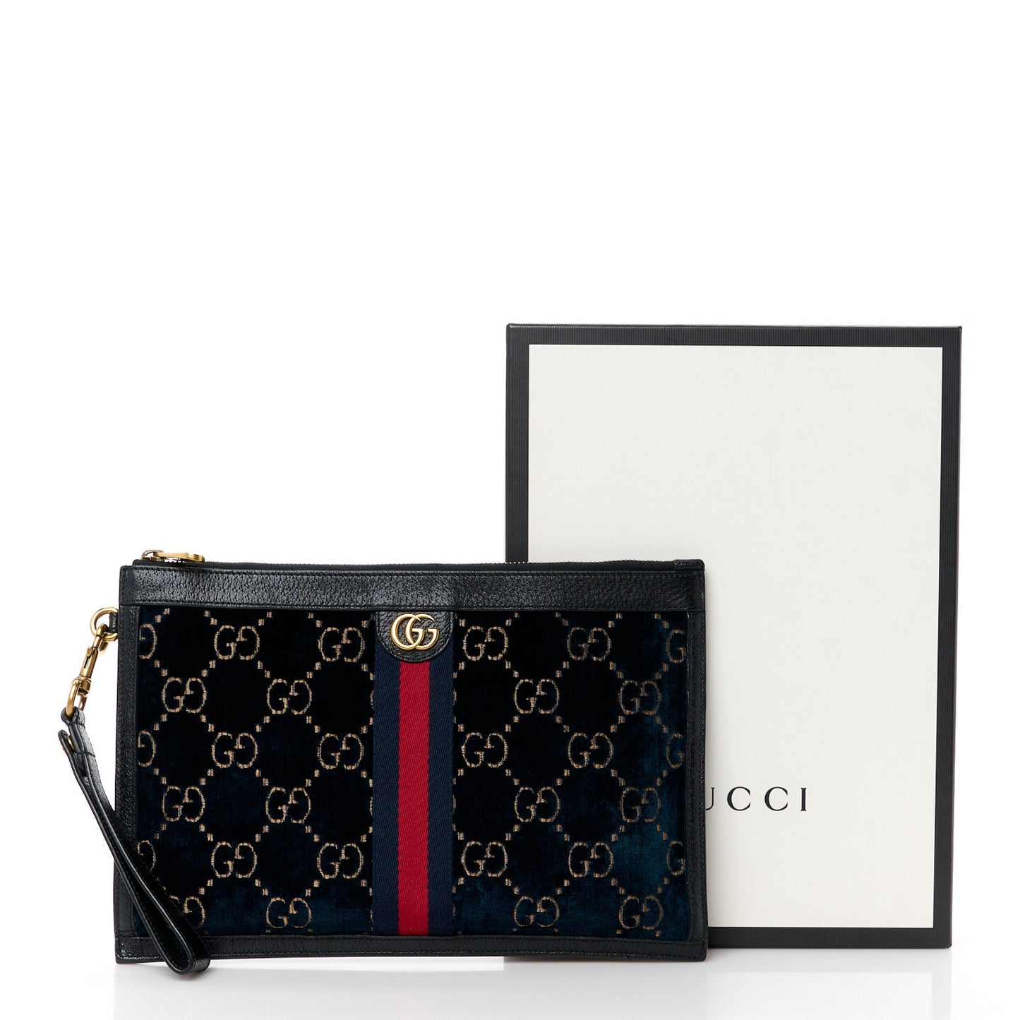 Velvet GG Monogram Textured Calfskin Web Ophidia Wristlet Blue Beige Black