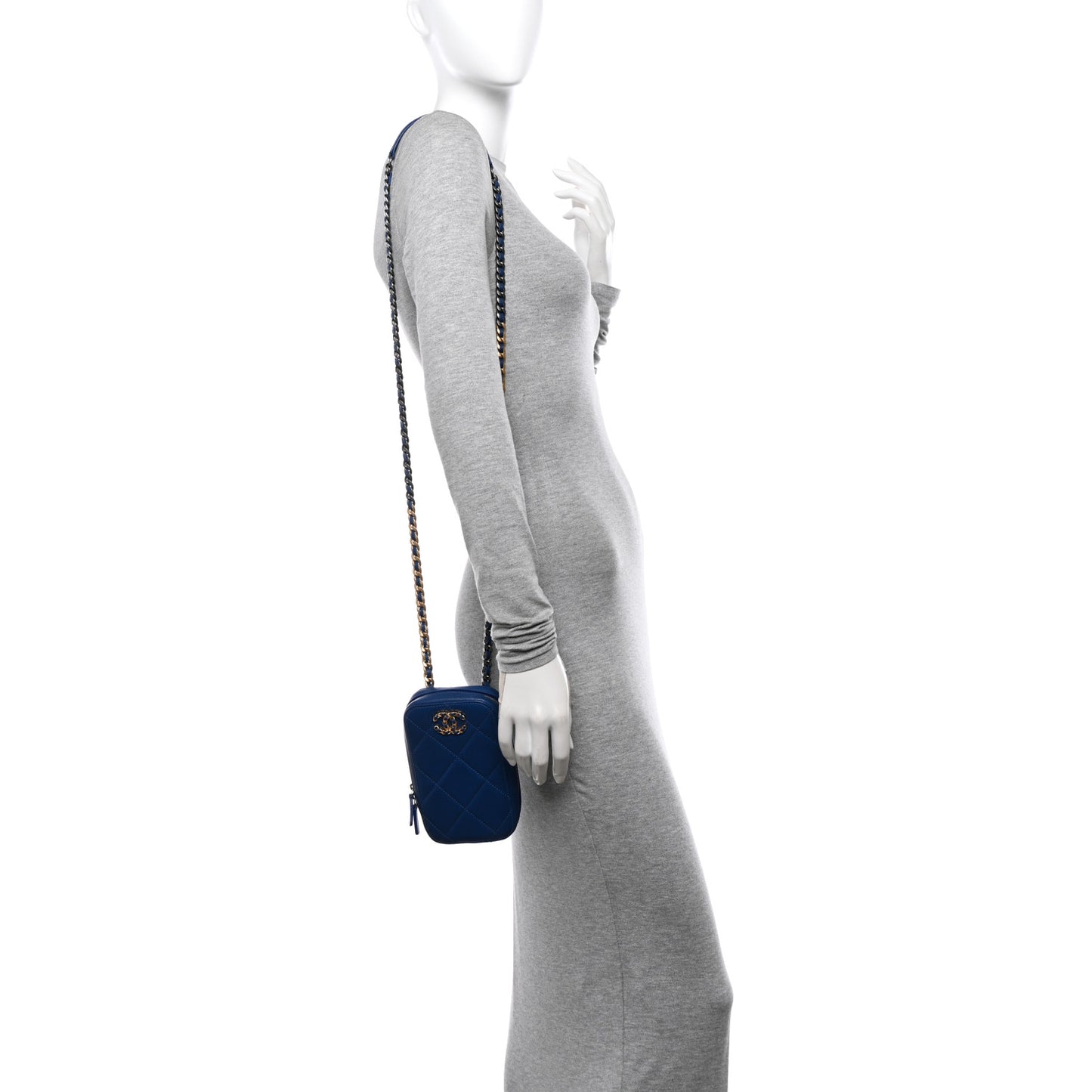 Lambskin Quilted Chanel 19 Zip Phone Case Blue