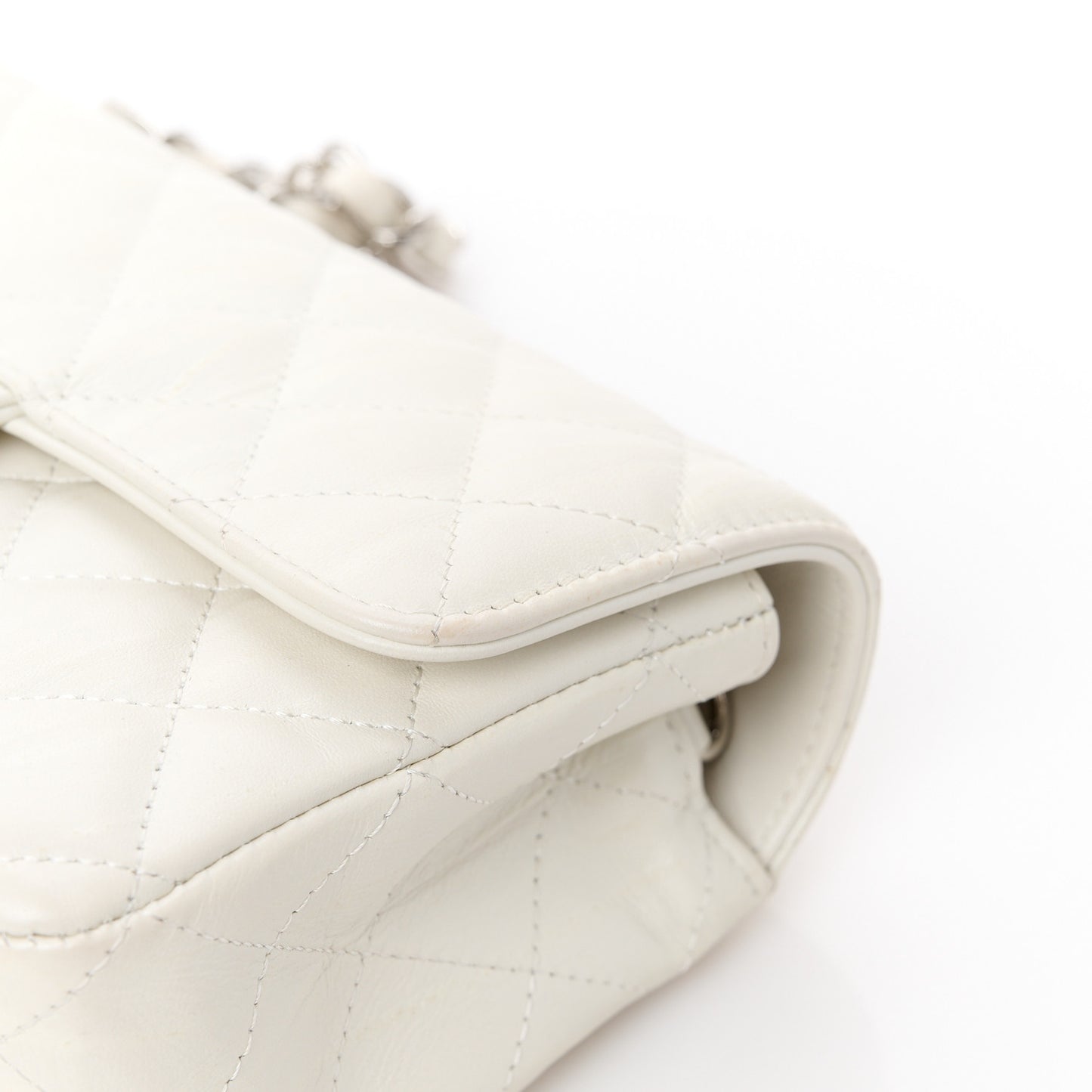 Iridescent Crumpled Calfskin Quilted Mini Rectangular Flap White