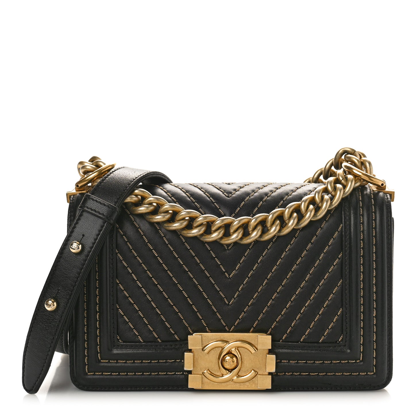Lambskin Chevron Chain Stitched Small Boy Flap Black