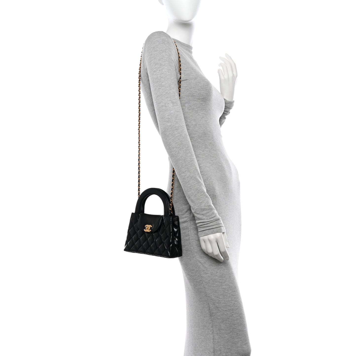 Shiny Aged Calfskin Quilted Nano Kelly Shopper Black