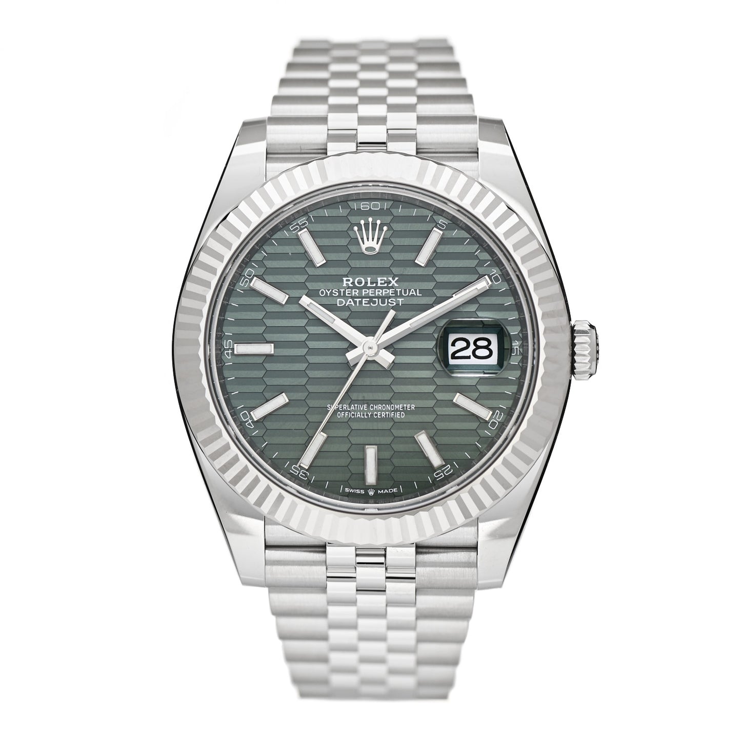 Stainless Steel 18K White Gold 41mm Oyster Perpetual Datejust Watch Mint Green Fluted 126334