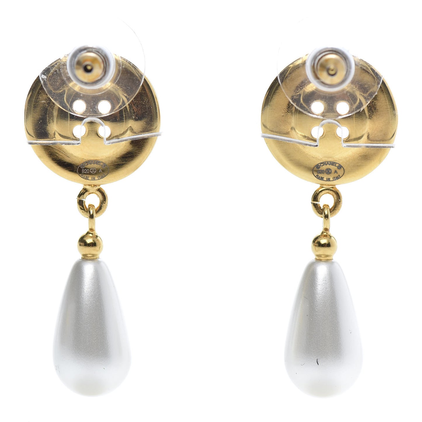 Metal Pearl Paris Button Drop Earrings Gold