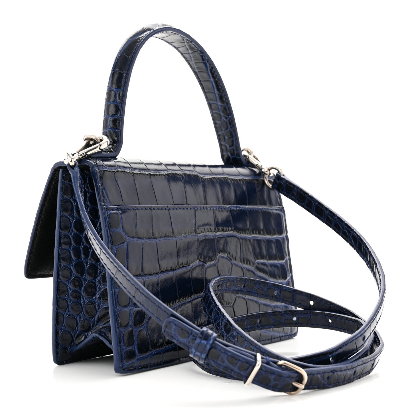 Shiny Calfskin Crocodile Embossed XS Sharp Top Handle Bag Navy