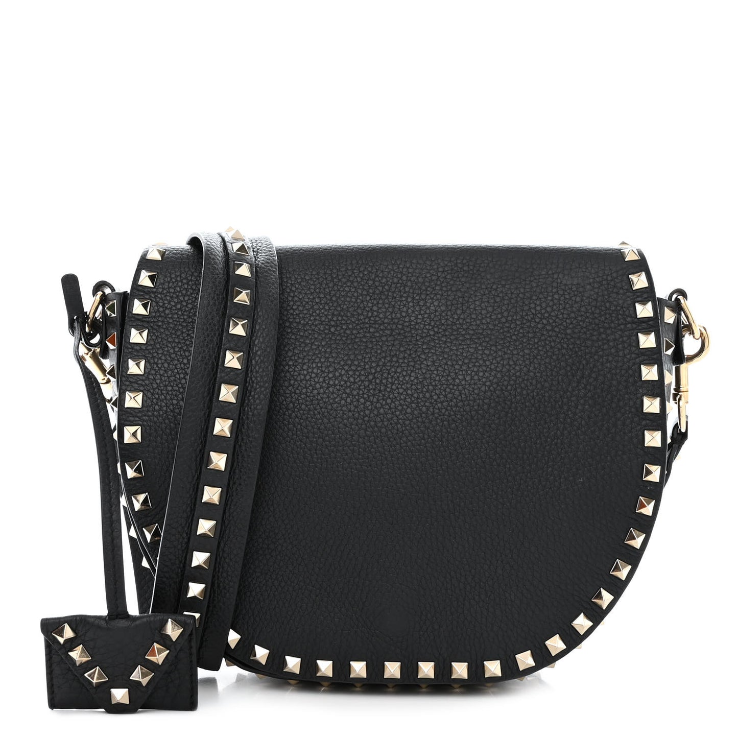 Grained Calfskin Rockstud Saddle Bag Black