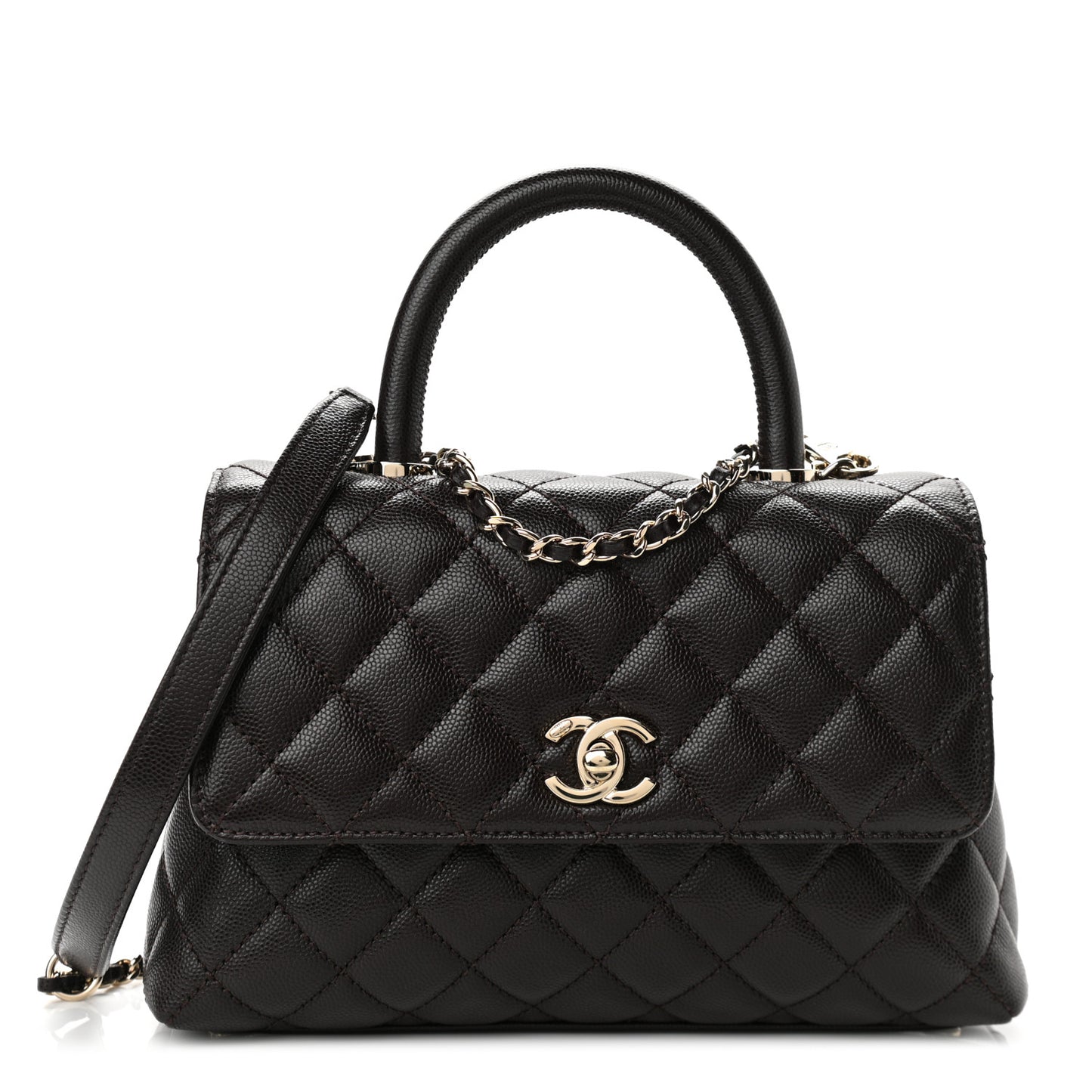 Caviar Quilted Mini Coco Handle Flap Dark Brown