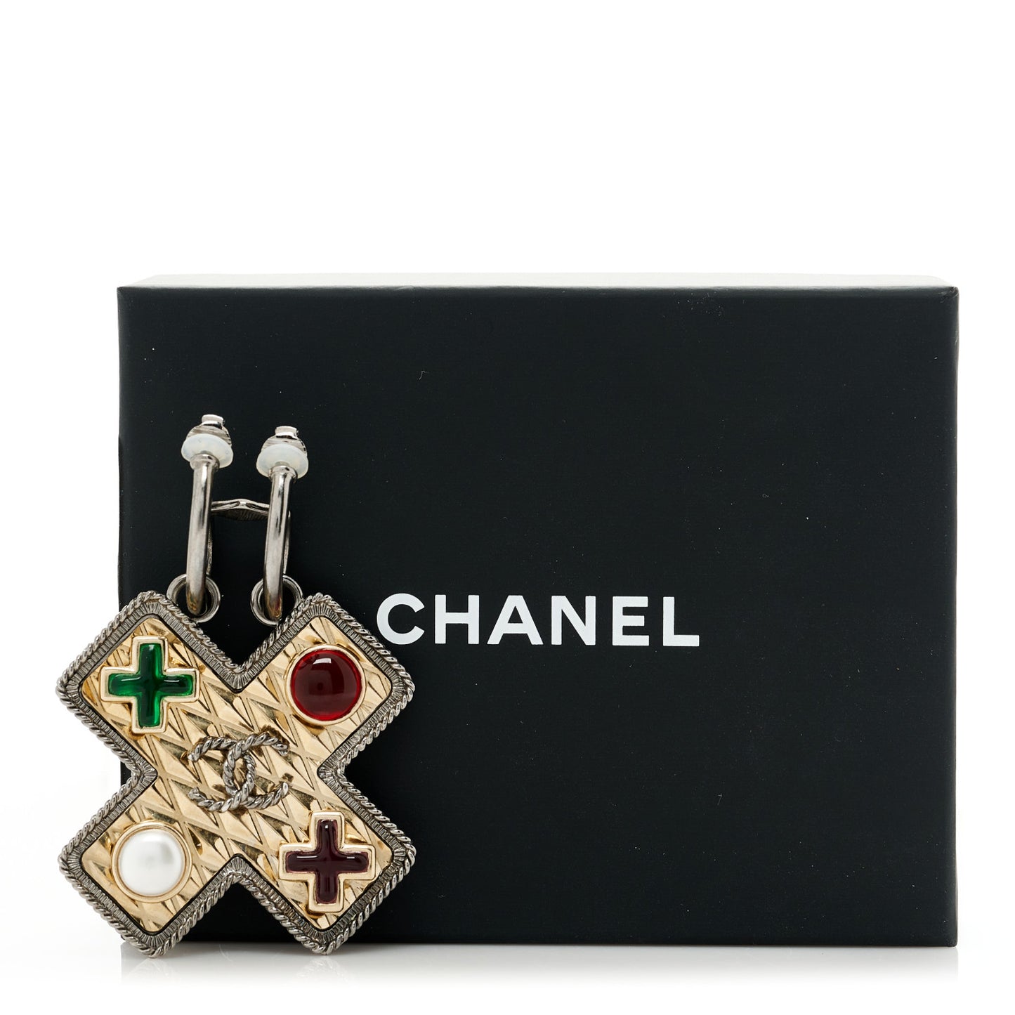 Ruthenium Resin Pearl CC Cross Drop Clip On Earring Grey Black Silver