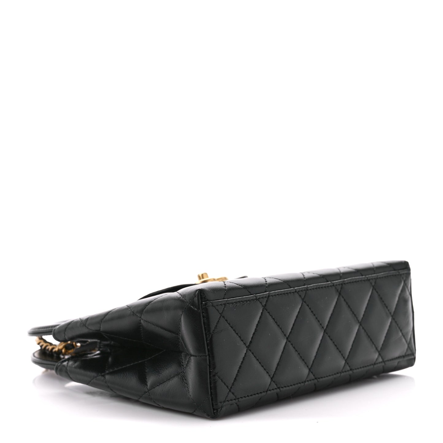 Shiny Aged Calfskin Quilted Nano Kelly Shopper Black