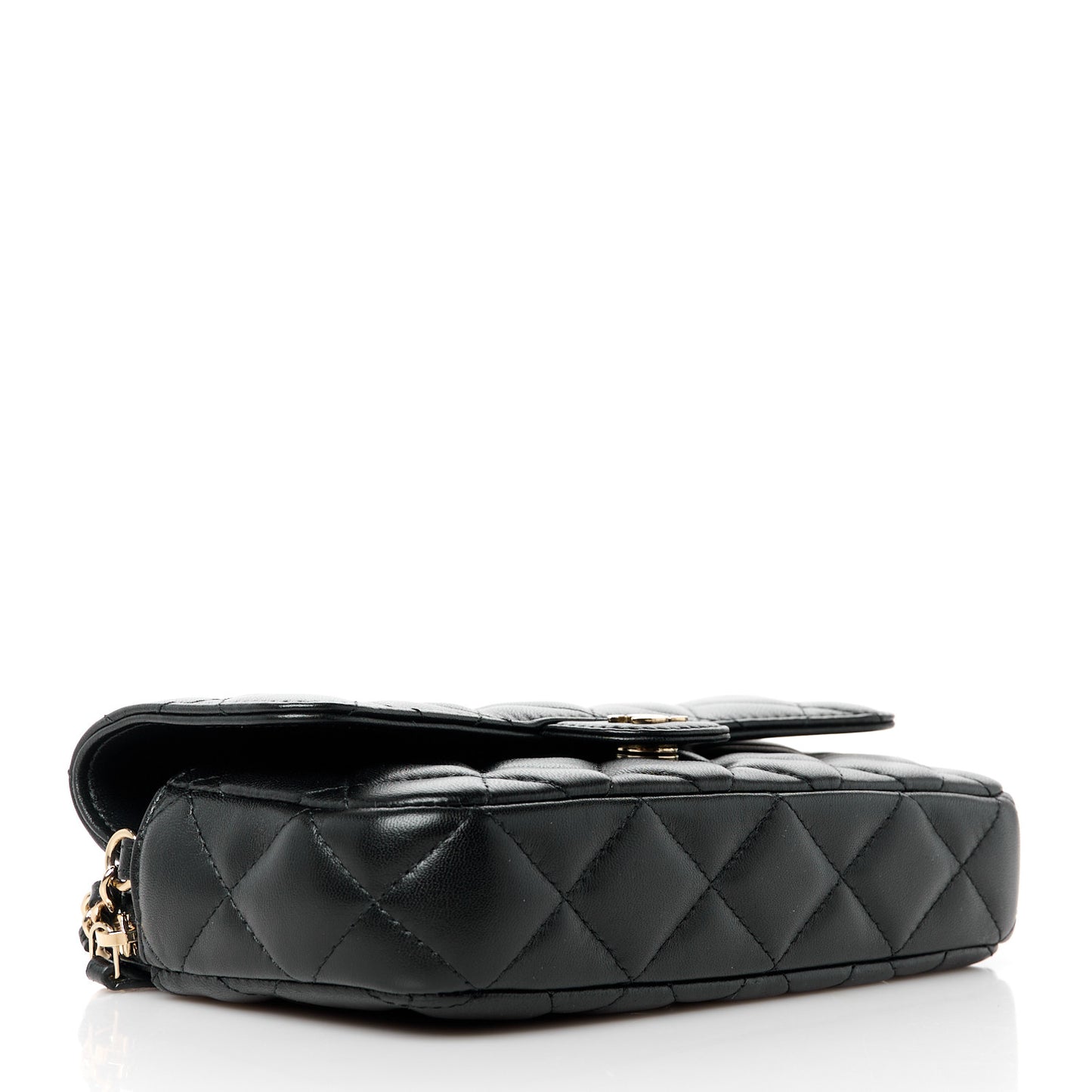 Lambskin Quilted Flap Phone Holder With Chain Black