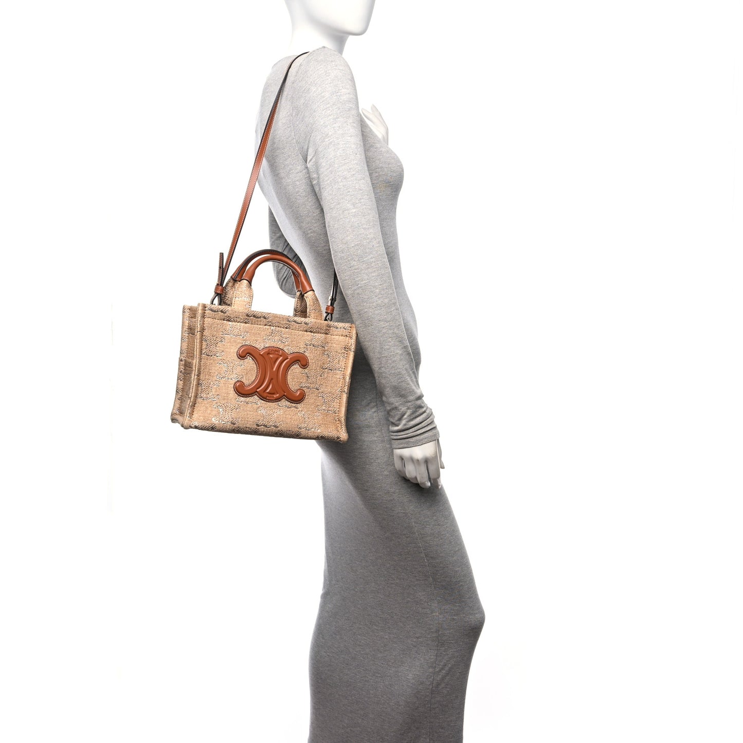 Raffia Effect Calfskin Triomphe Jacquard Small Cabas Thais Natural Silver