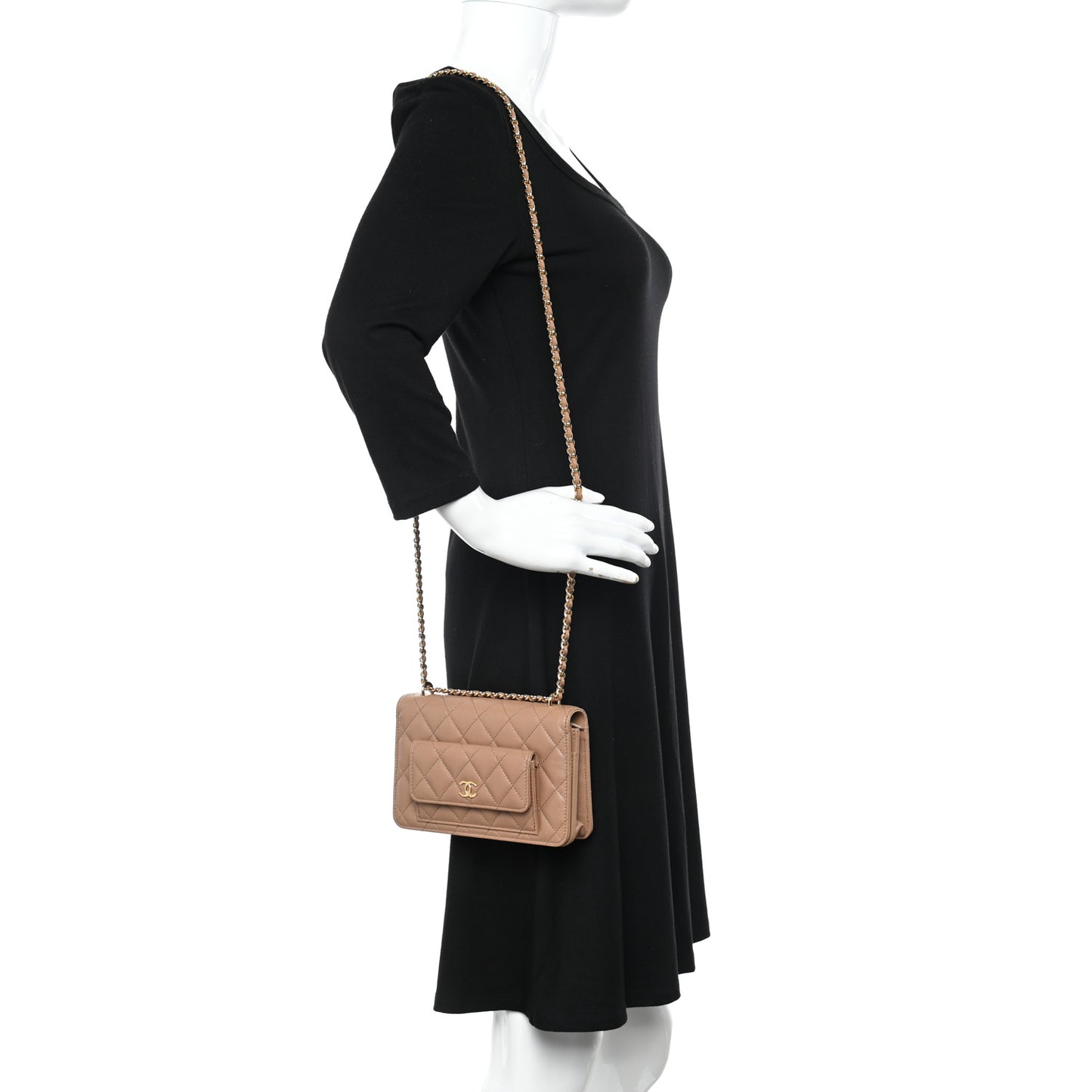 Caviar Quilted Pocket Clutch With Chain WOC Beige