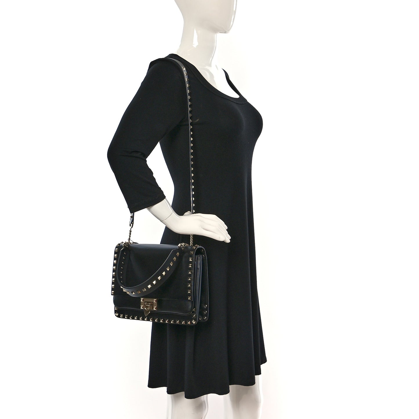 Vitello Rockstud Top Handle Shoulder Bag Black