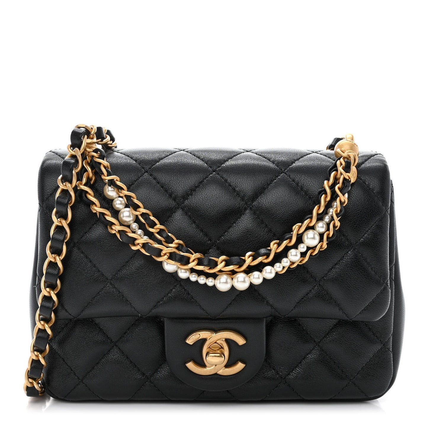 Shiny Lambskin Quilted Pearl Twist Mini Square Flap Black