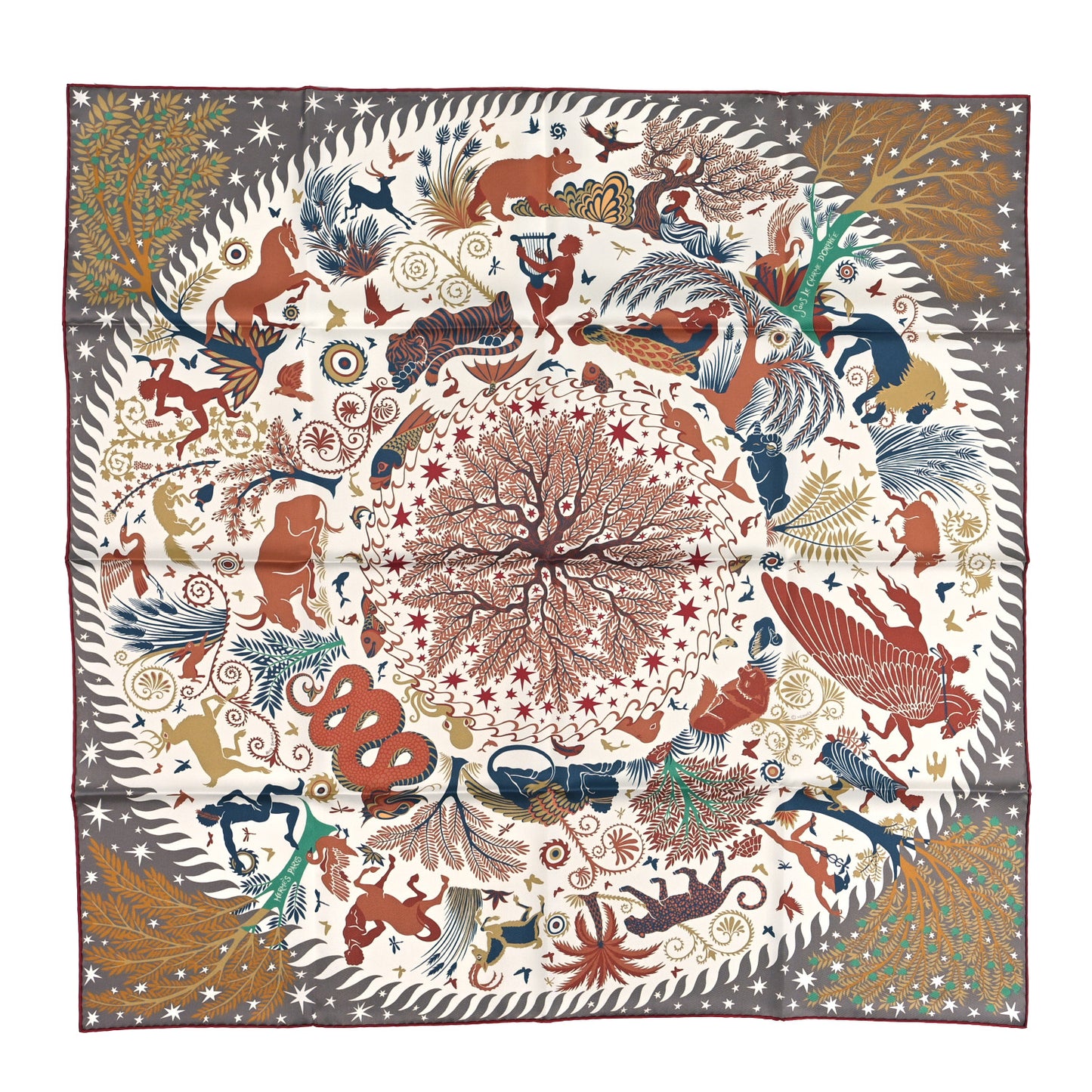 Silk Sous Le Charme d'Orphee Double Face Scarf 90 Etoupe White Beige Dore