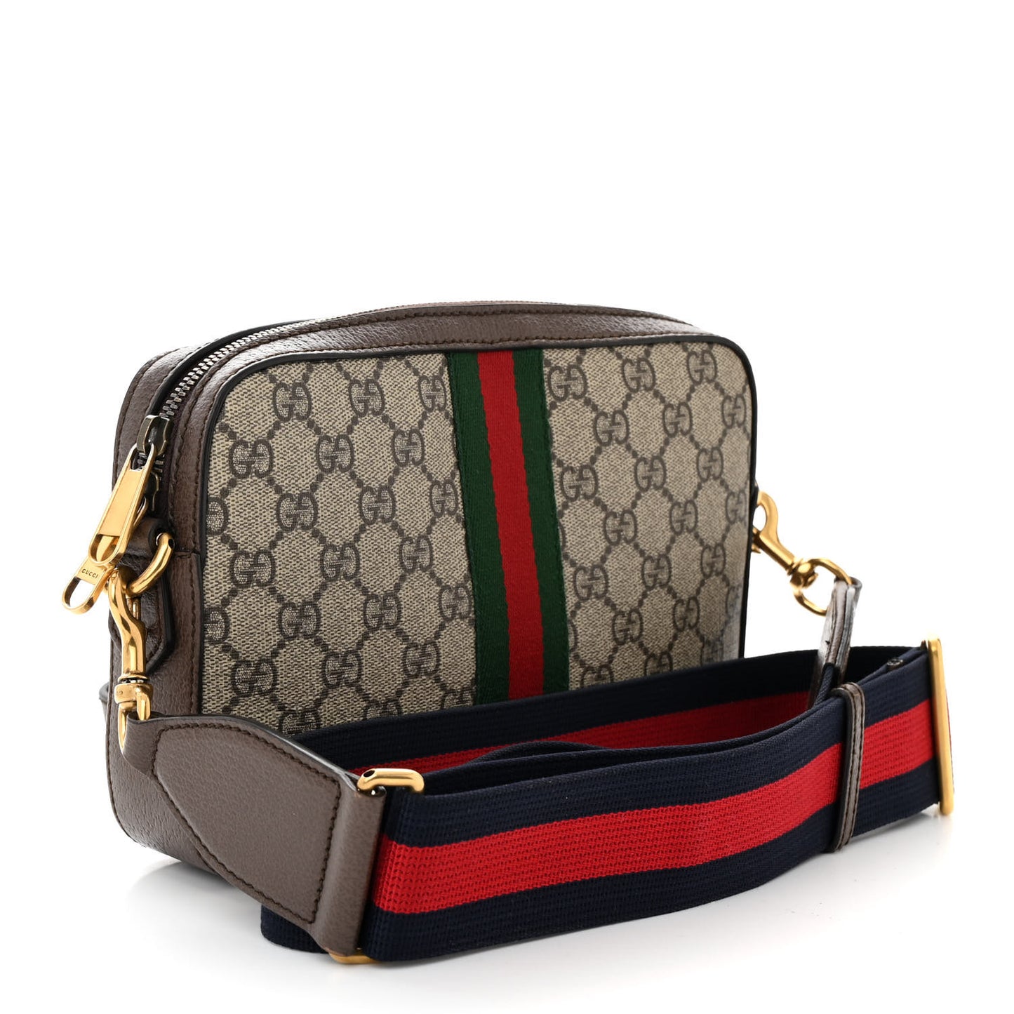 GG Supreme Monogram Textured Dollar Calfskin Web Ophidia Wristlet Shoulder Bag Beige Ebony New Acero
