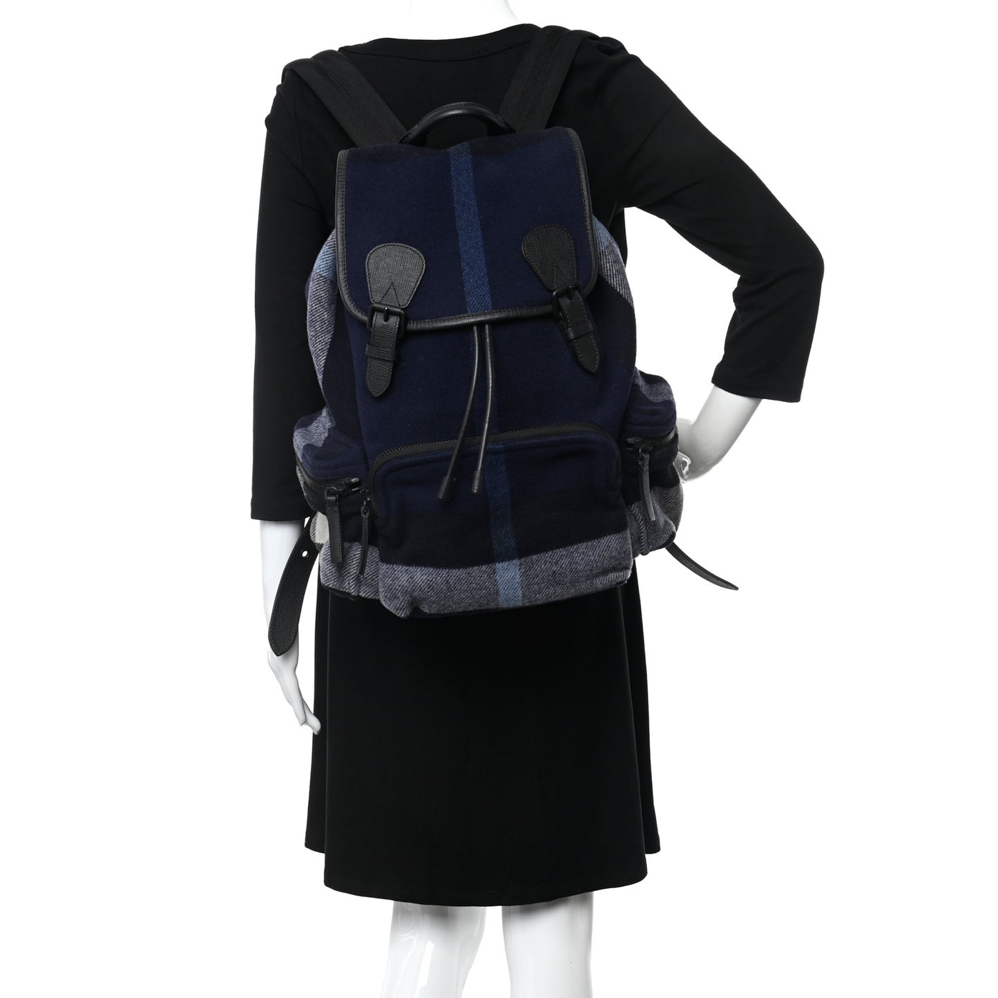 Wool Check Duffle Rucksack Backpack Indigo Blue