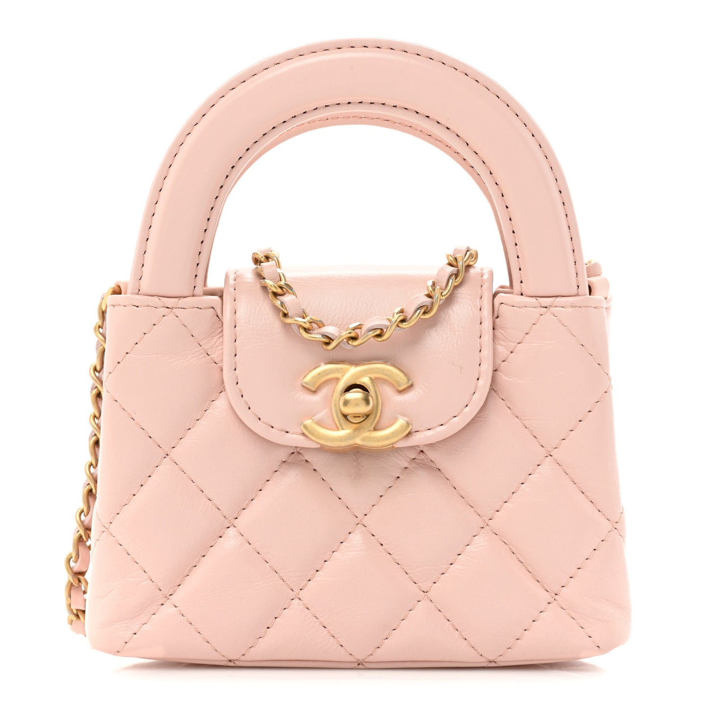 Shiny Aged Calfskin Quilted Mini Nano Kelly Shopper Light Pink