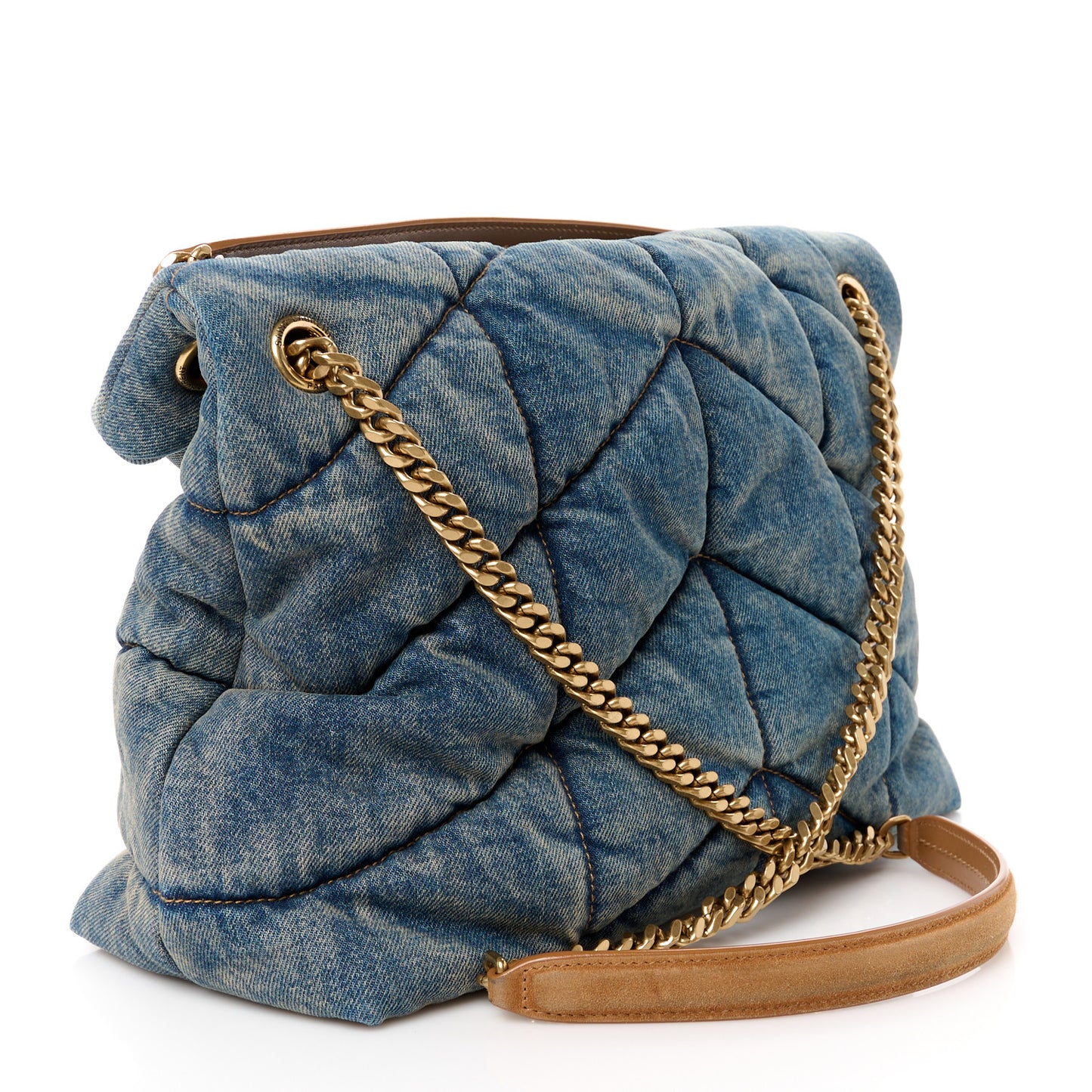 Denim Quilted Medium Loulou Puffer Monogram Chain Satchel Blue Cinnamon