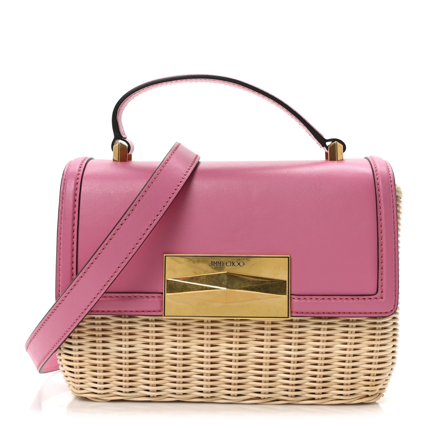 Jimmy Choo Wicker Calfskin Diamond Top Handle Bag Natural Pink