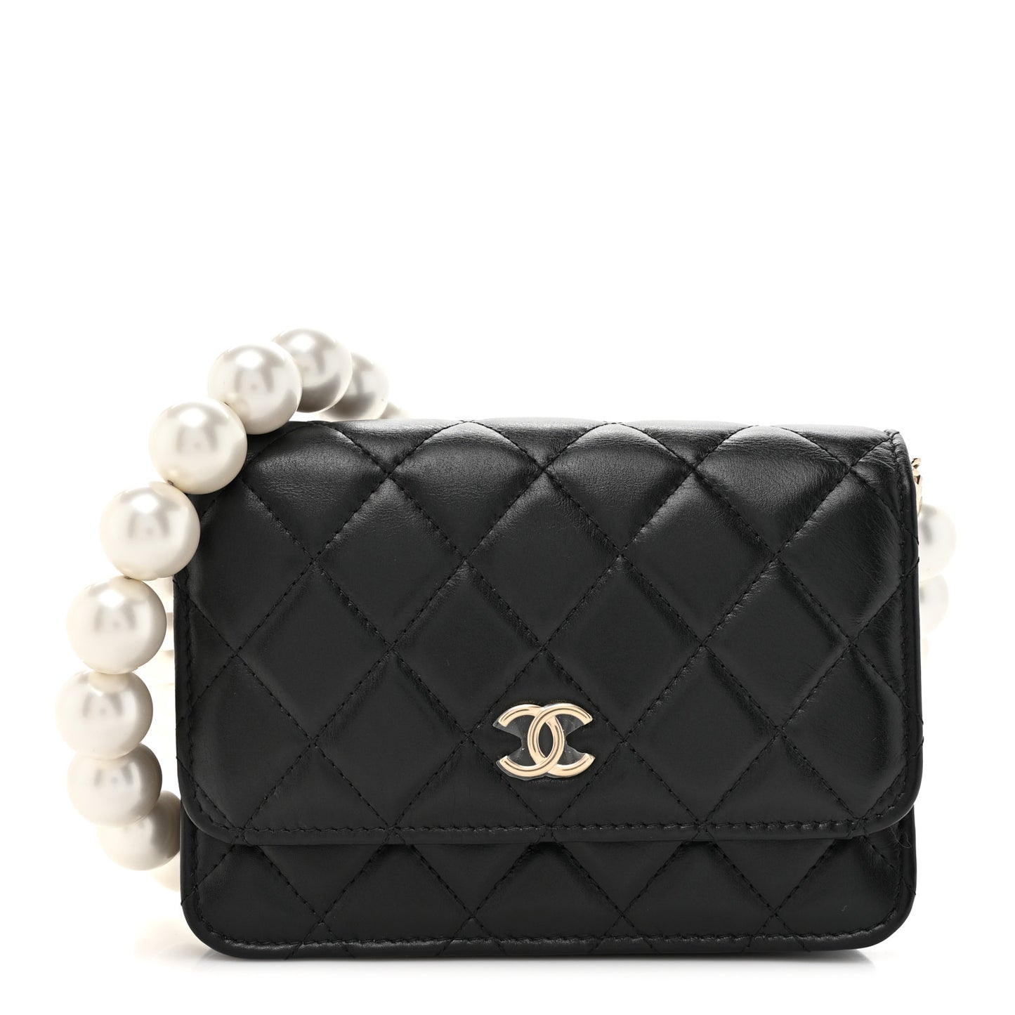 Calfskin Quilted Mini Maxi Pearls Wallet On Chain WOC Black