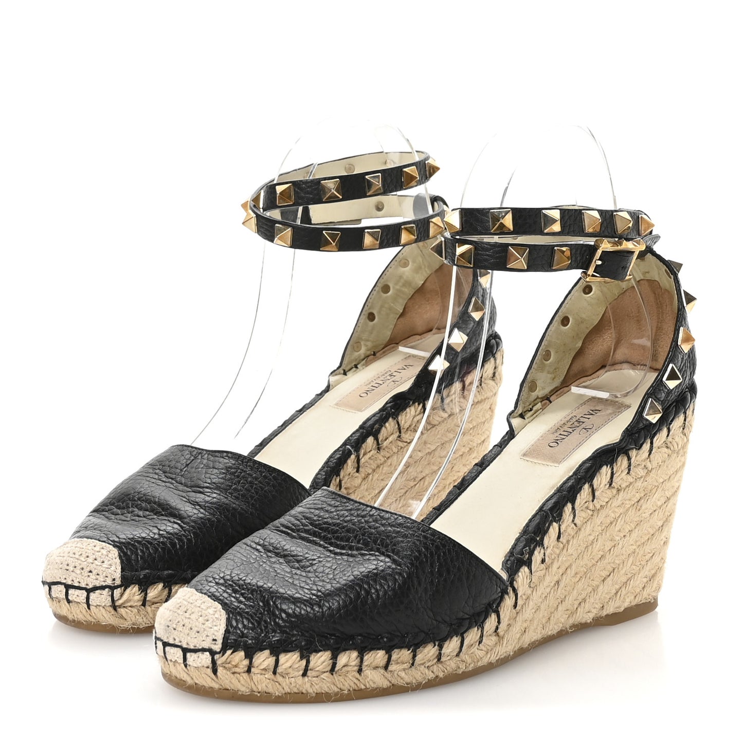 Grained Calfskin Rockstud Ankle Wrap Espadrille 15/85mm Wedges 38 Black Light Cuir