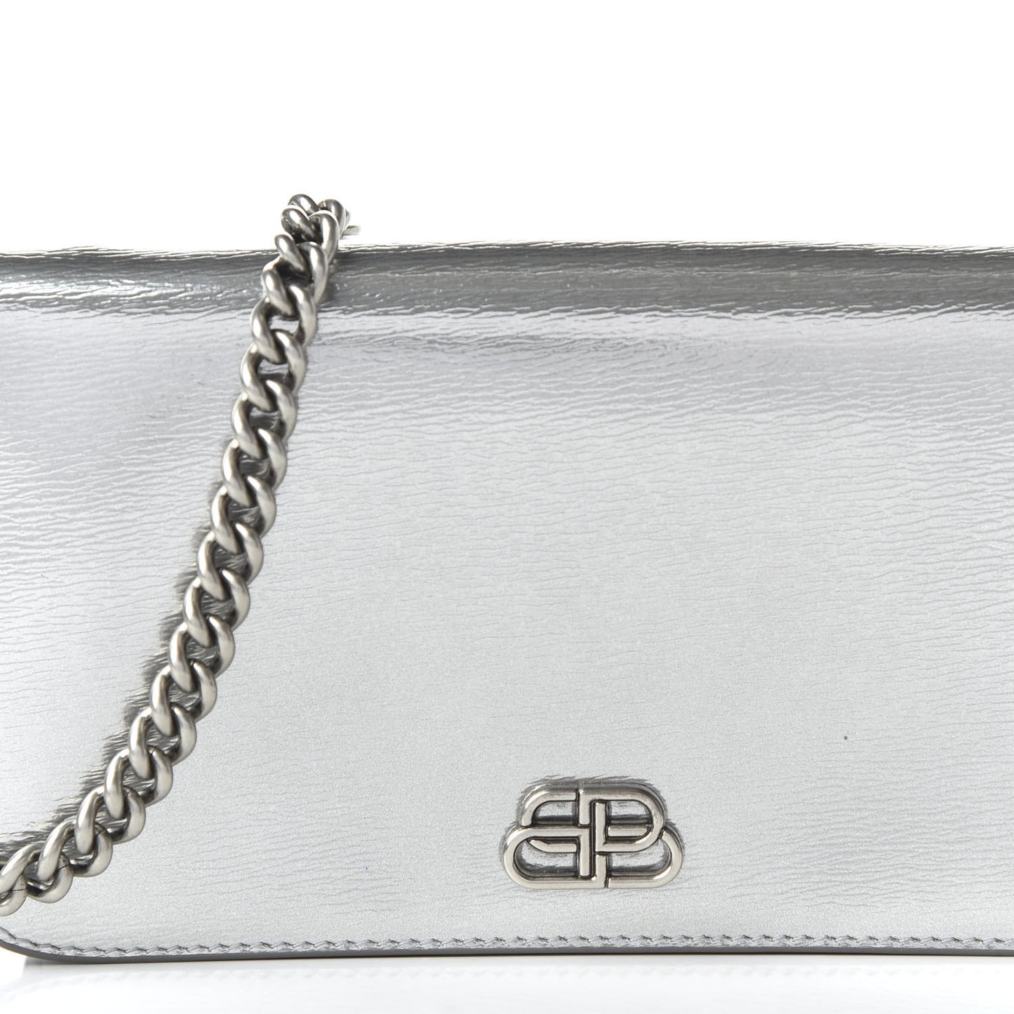 Metallic Grained Calfskin BB Phone Holder Wallet On Chain Silver