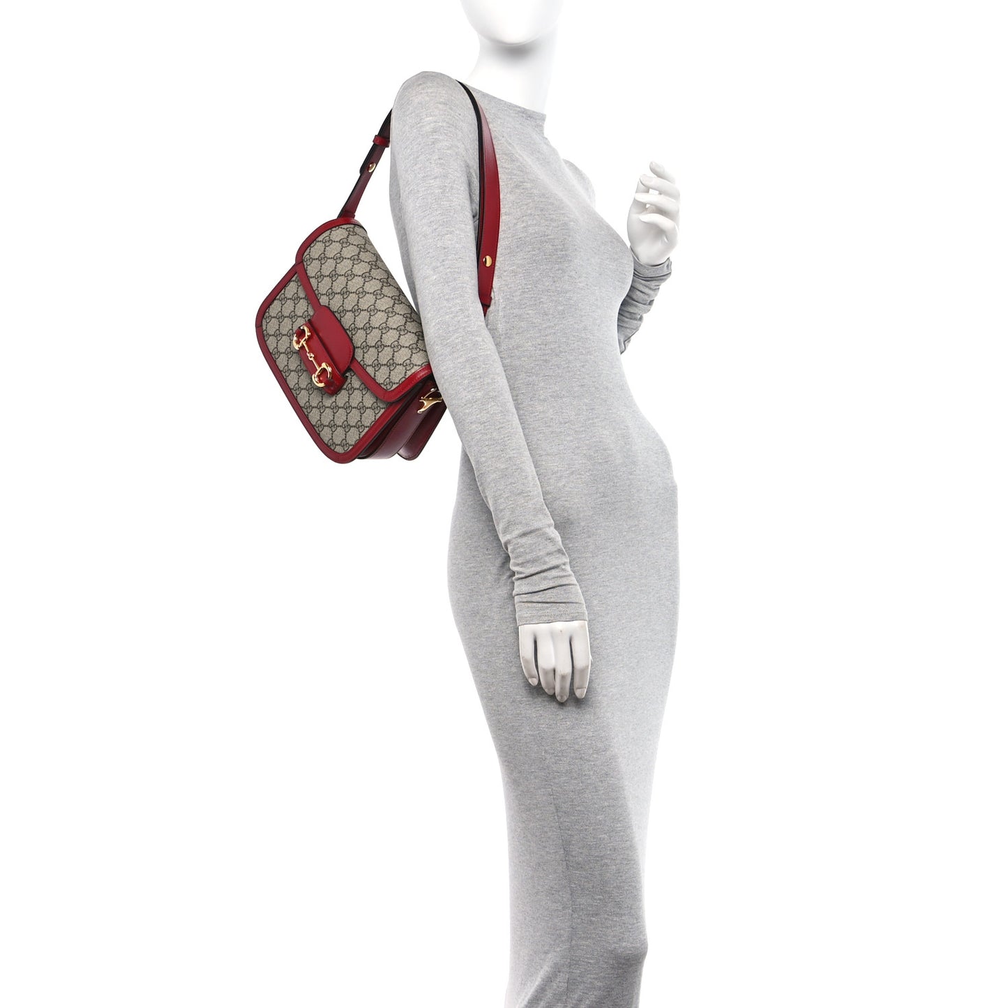 GG Supreme Monogram Azalea Calfskin Horsebit 1955 Shoulder Bag Beige Ebony New Cherry Red