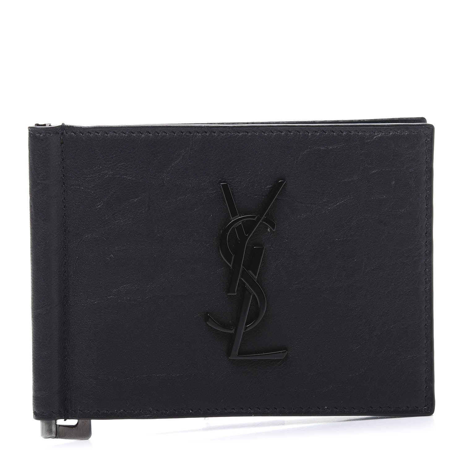 Saint Laurent Calfskin Crocodile Embossed Bill Clip Card Case Black 1 of 8