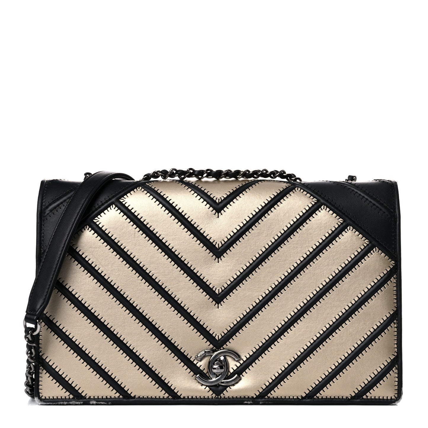 Grosgrain Chevron Quilted Couture Flap Black Gold