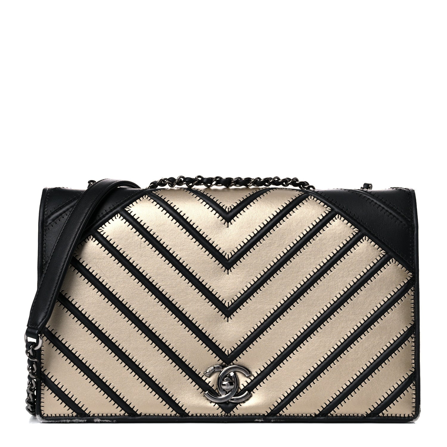 Chanel Grosgrain Chevron Quilted Couture Flap Black Gold 1 of 18