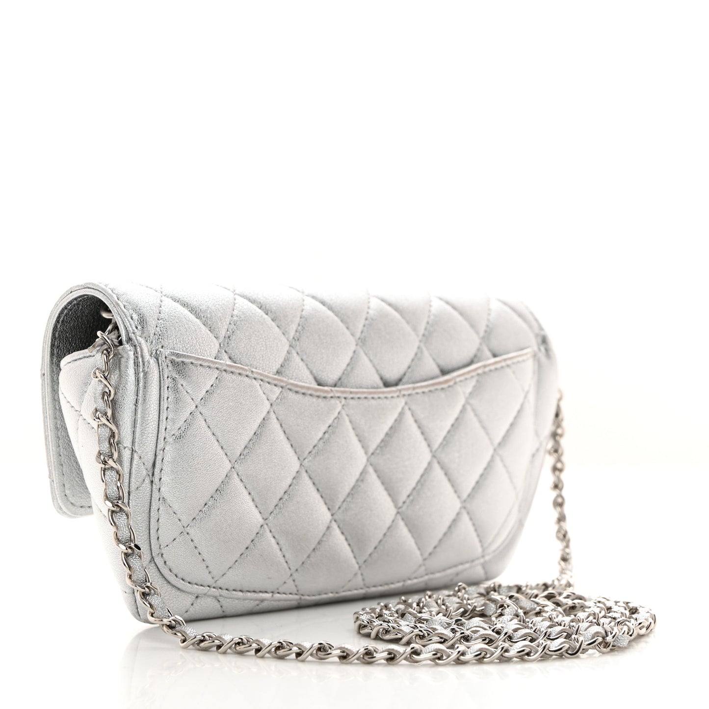 Metallic Lambskin Quilted Glasses Case With Chain Silver