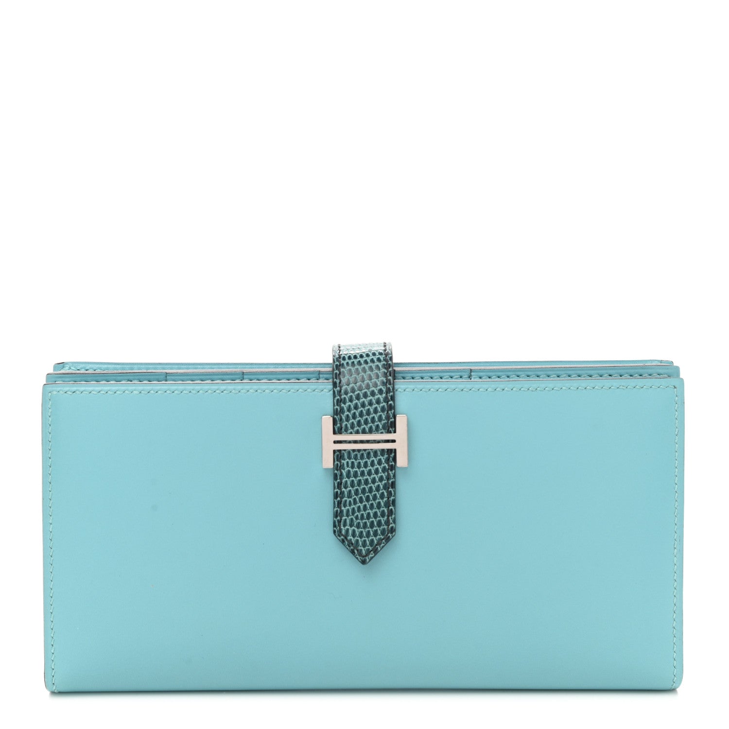 Hermes Tadelakt Lizard Bearn Gusset Wallet Bleu Atoll Bleu Petrole 1 of 8