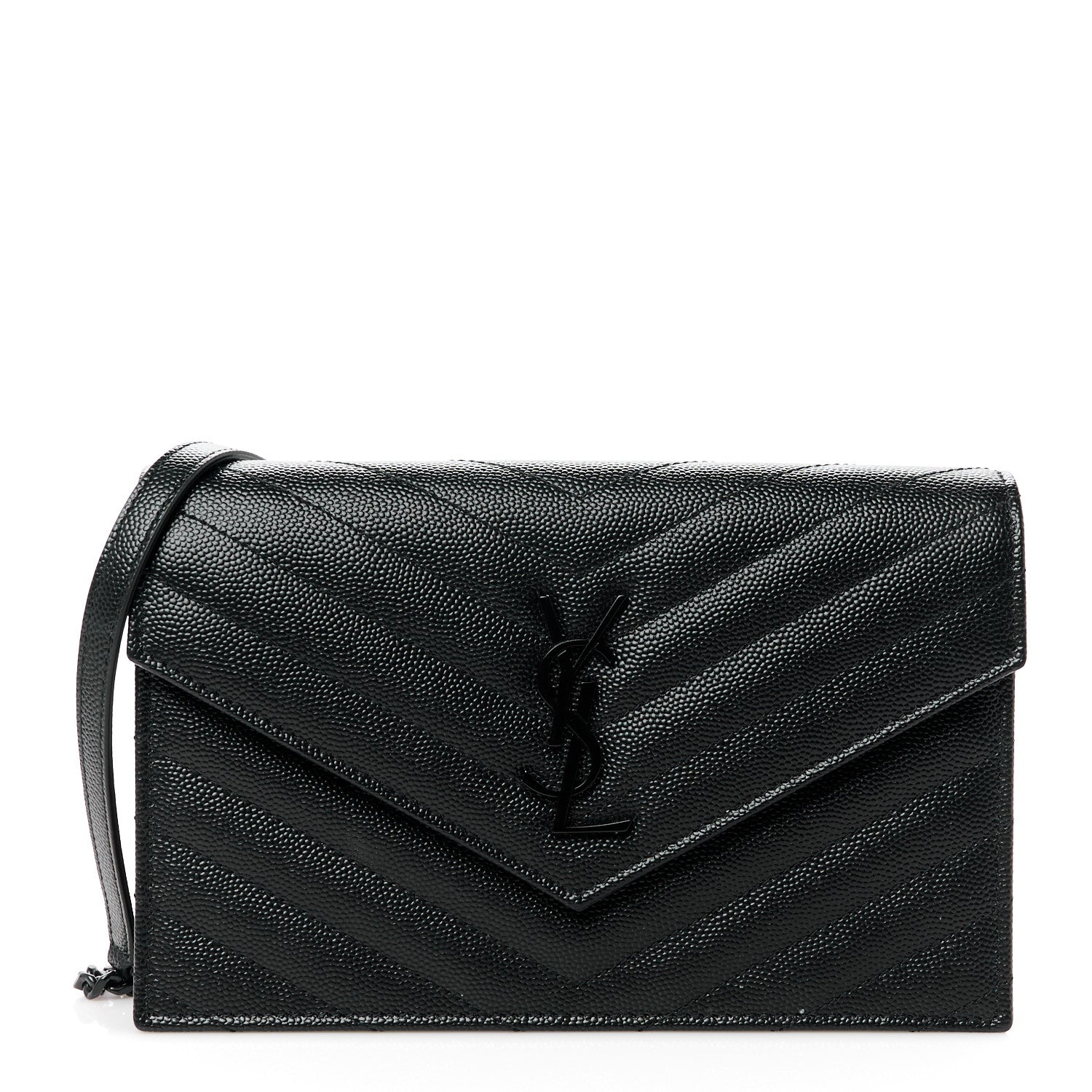 Saint Laurent Grain De Poudre Matelasse Chevron Monogram Monochrome Envelope Chain Wallet Black 1 of 9
