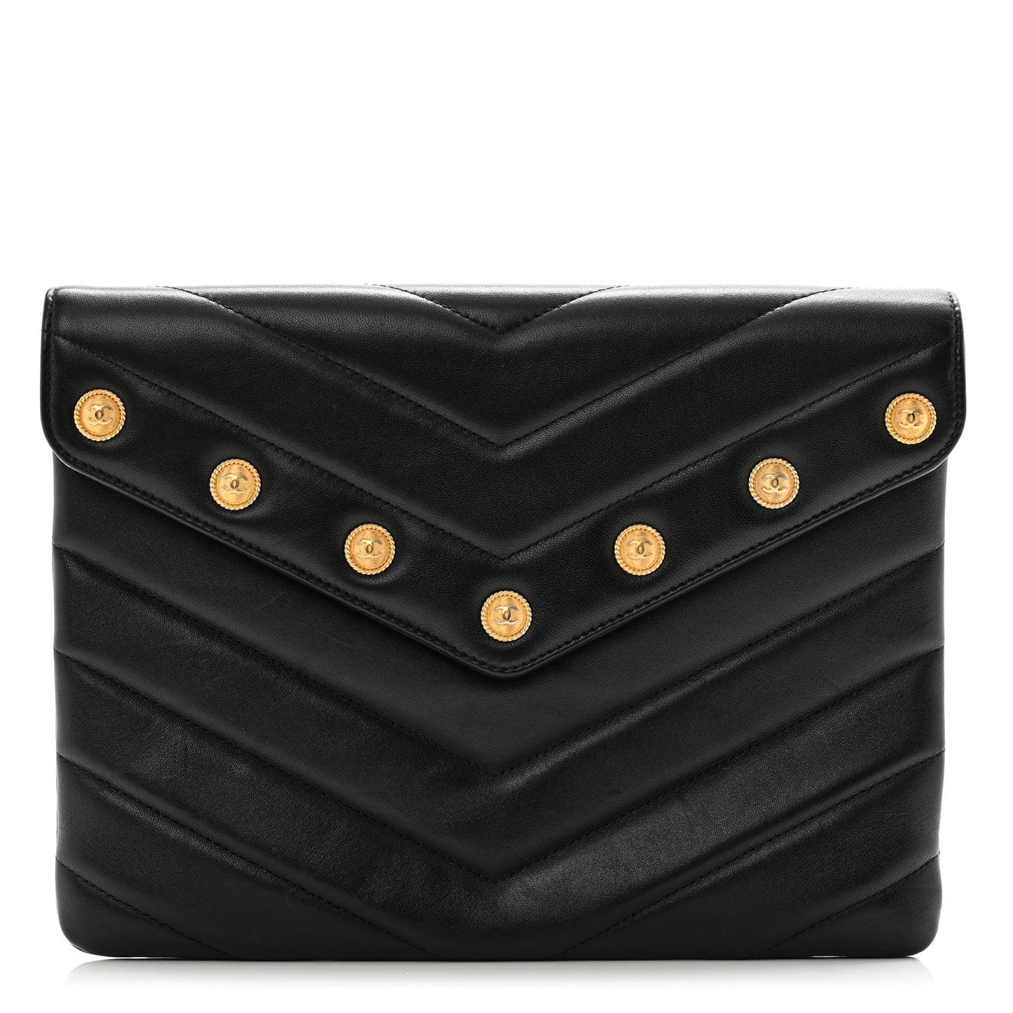 Lambskin Chevron CC Button Clutch Black