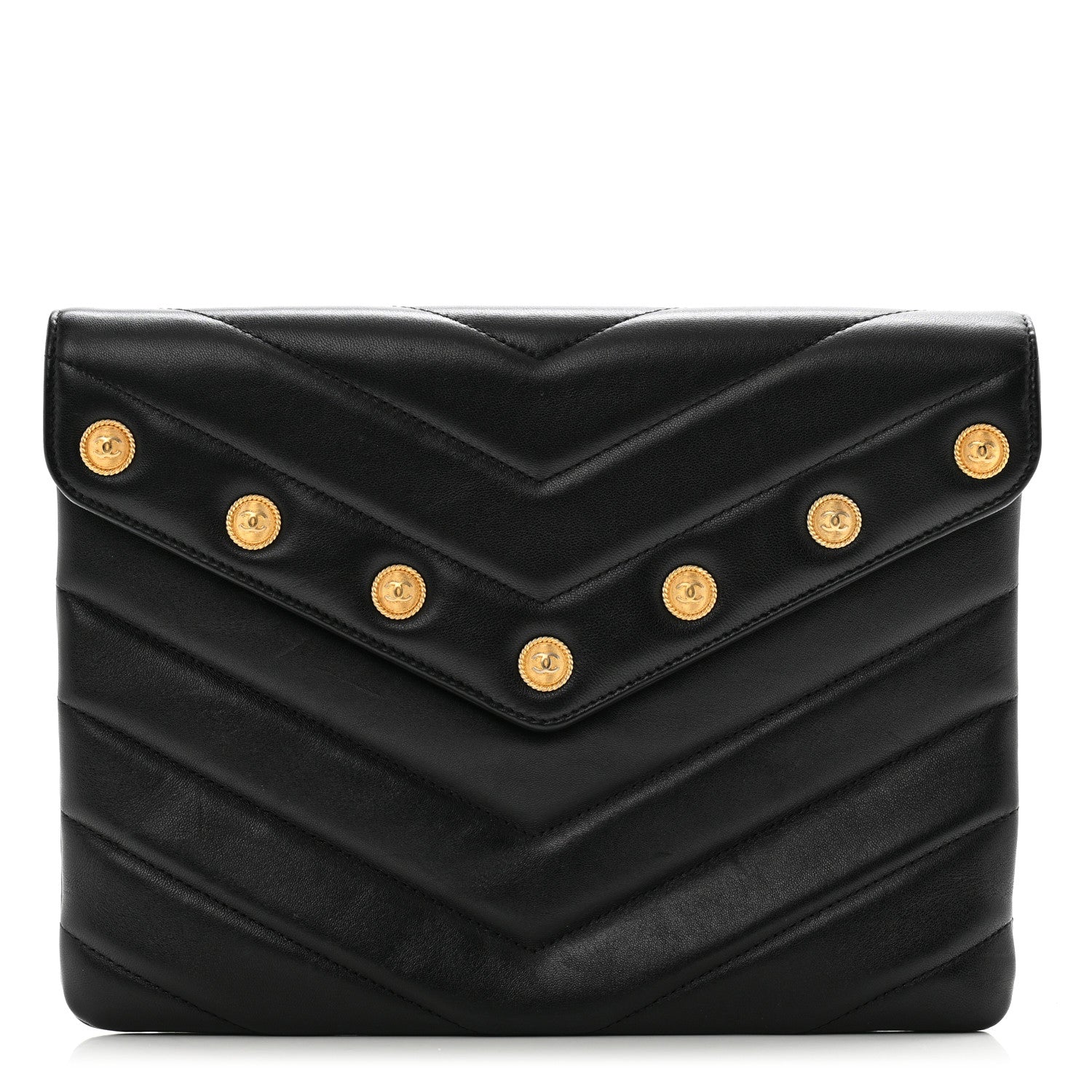 Chanel Lambskin Chevron CC Button Clutch Black 1 of 11