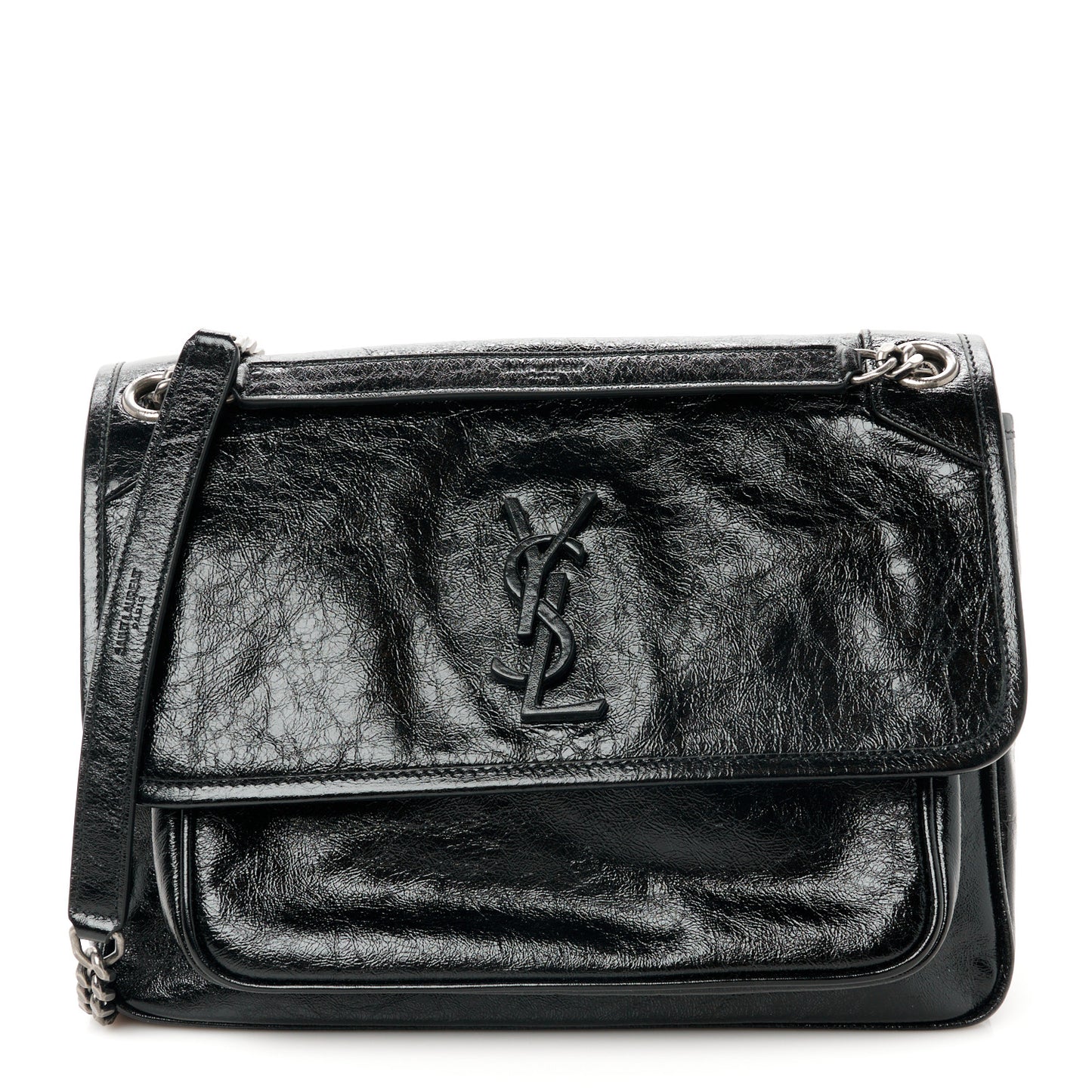 Crinkled Calfskin Monogram Medium Niki Chain Satchel Black
