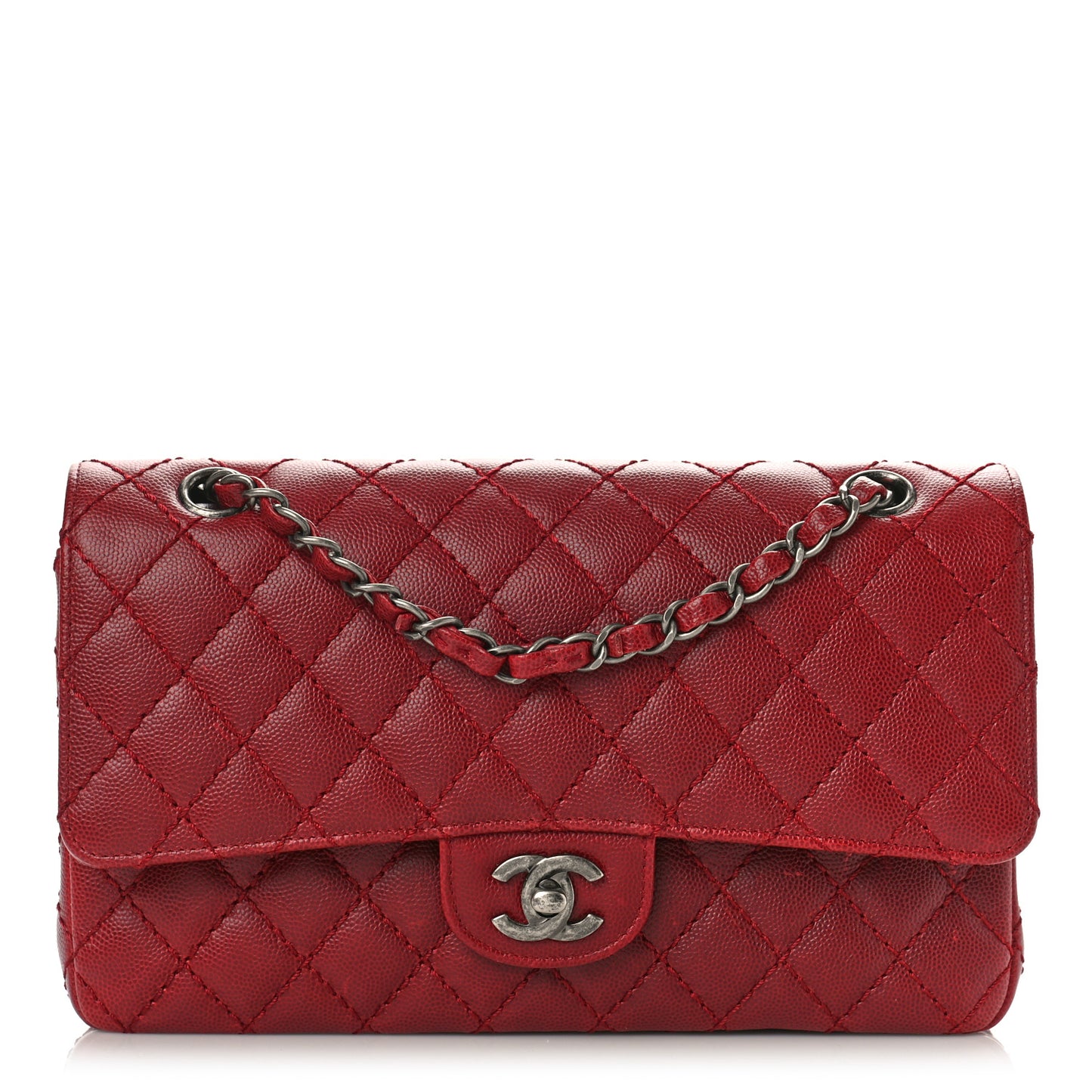 Caviar Quilted Medium Double Flap Dark Red