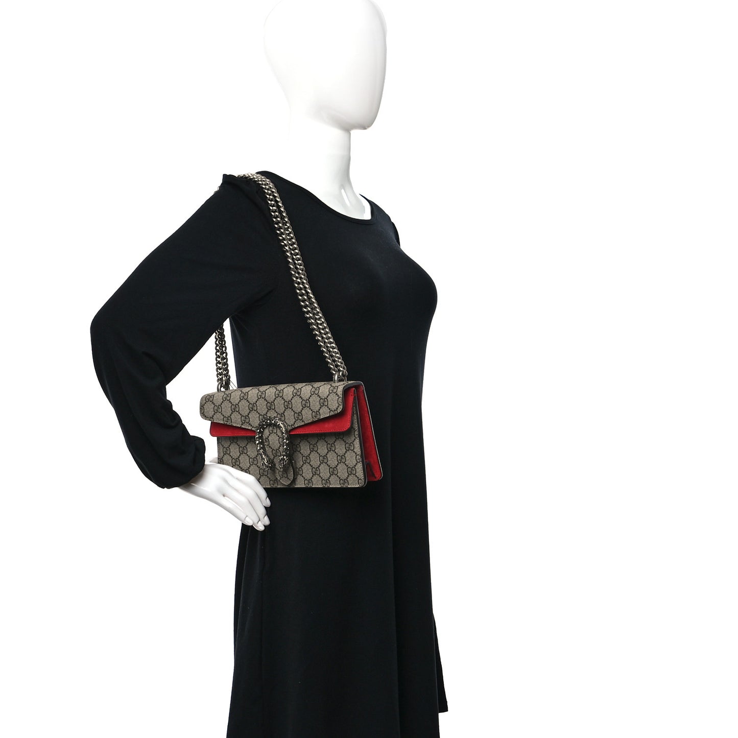 GG Supreme Monogram Suede Crystal Small Dionysus Shoulder Bag Beige Ebony Vulcanic Red