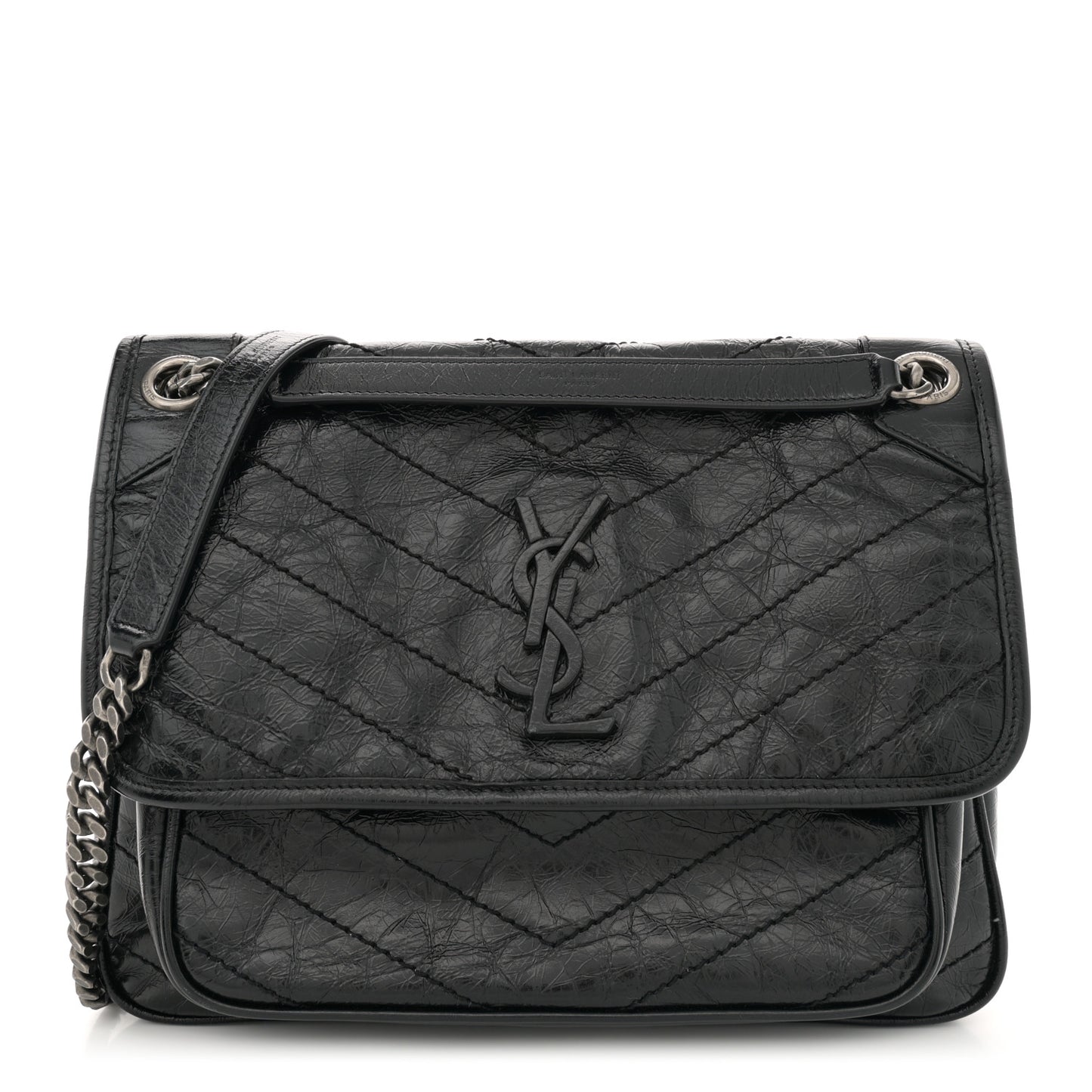 Crinkled Calfskin Matelasse Monogram Medium Niki Chain Satchel Black