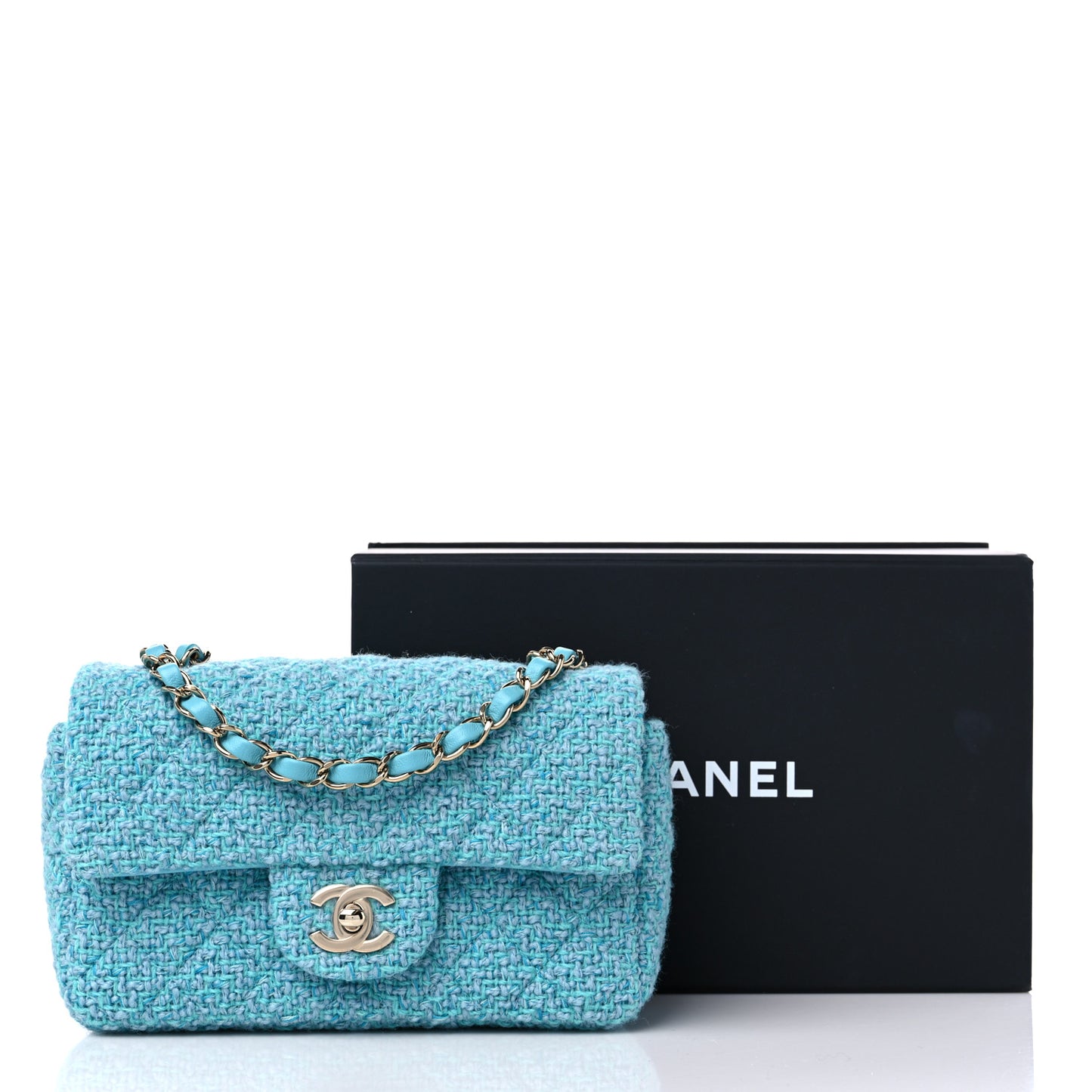 Wool Tweed Quilted Mini Rectangular Flap Turquoise Light Blue