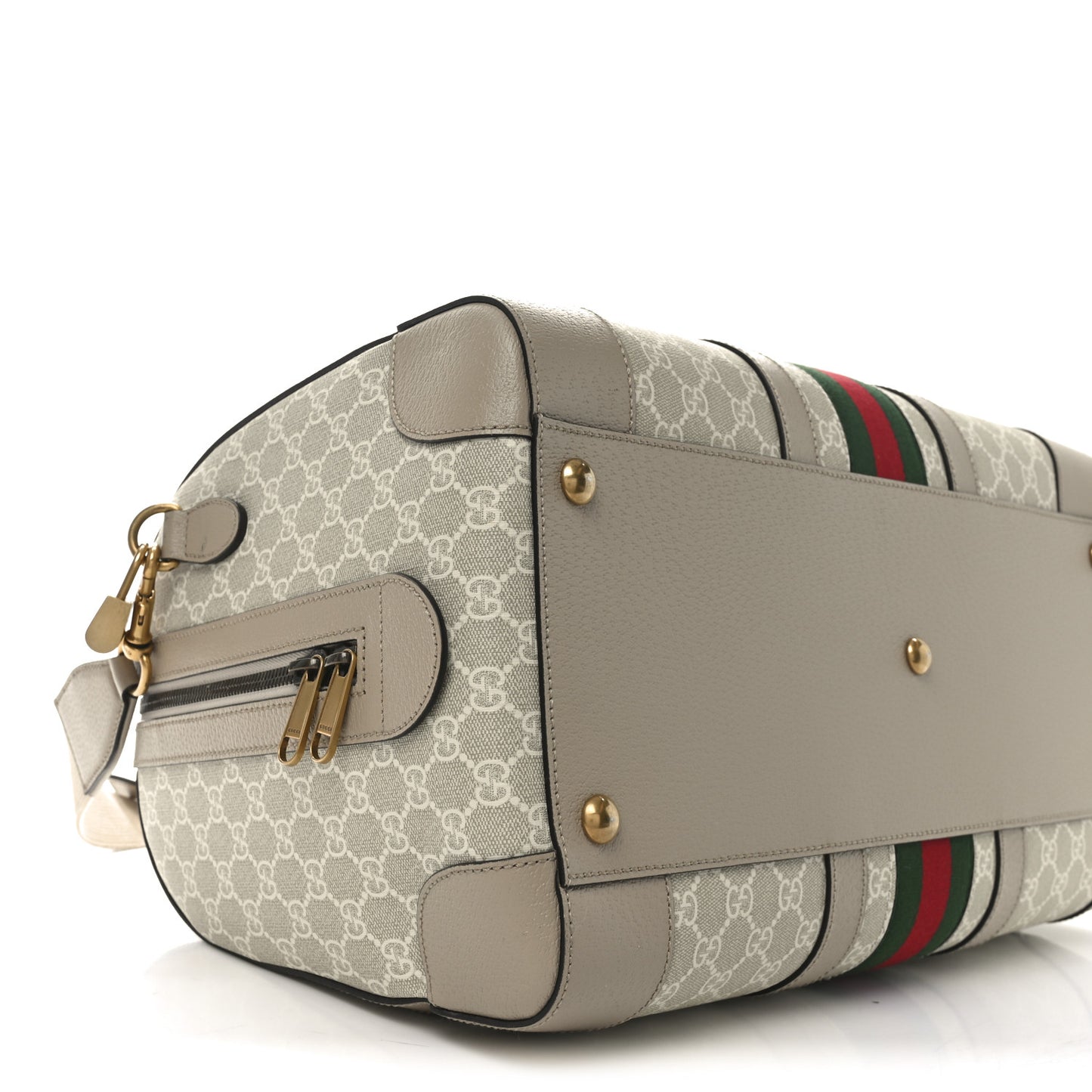 GG Supreme Monogram Textured Dollar Calfskin Web Medium Savoy Duffle Bag Beige Mystic White Oatmeal